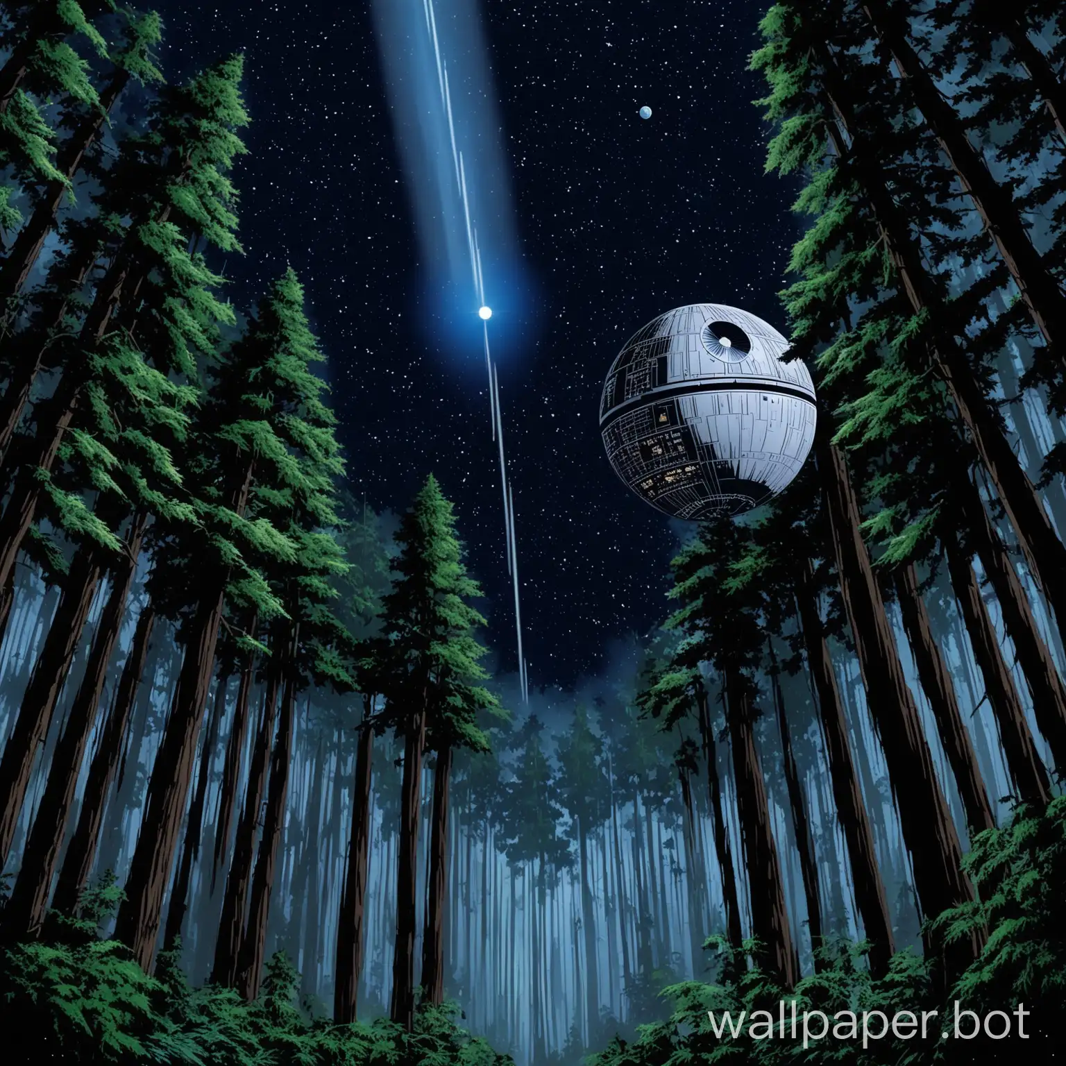 Star Wars in the woods of endor looking up in the night sky to reveal the death star