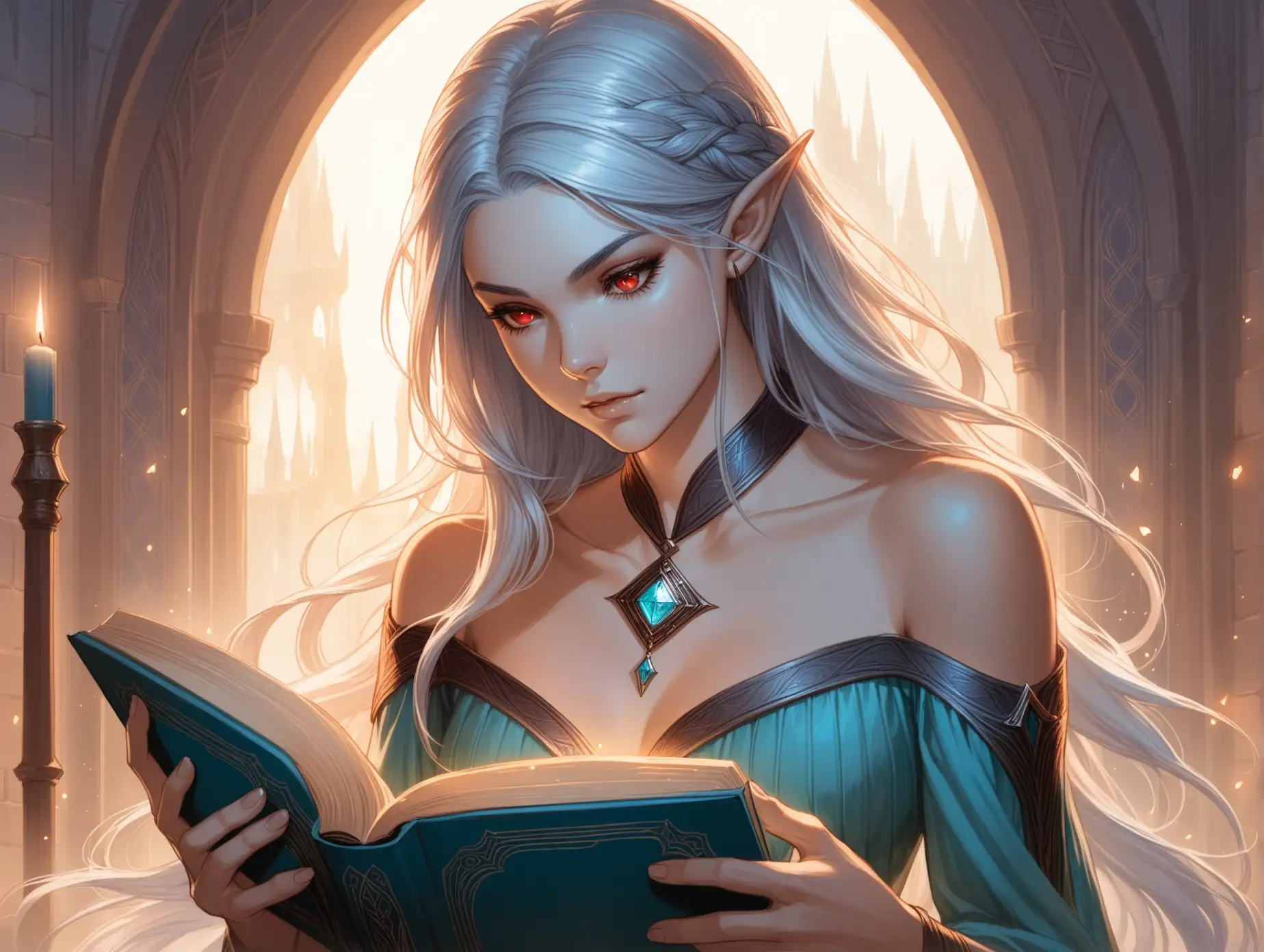 The storyteller mage, dark elf, large chest, gray hair, pale blue skin, red eyes, stern gaze, looks into a book, bare shoulders, amulet, reading a book, Fantasy style, Charlie Bowater, pastel