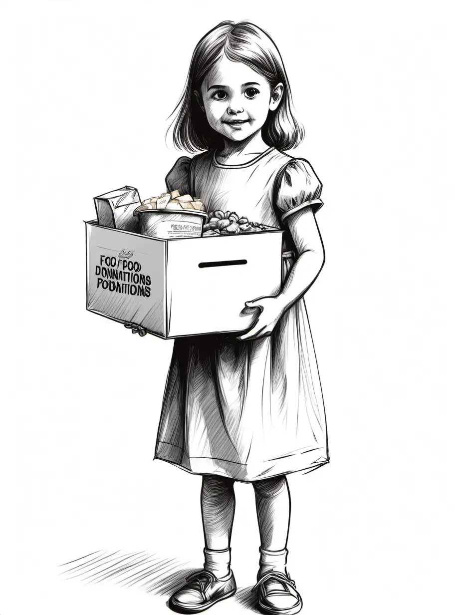 Little Girl in Dress Holding Box of Food Donations at Soup Kitchen Sketch