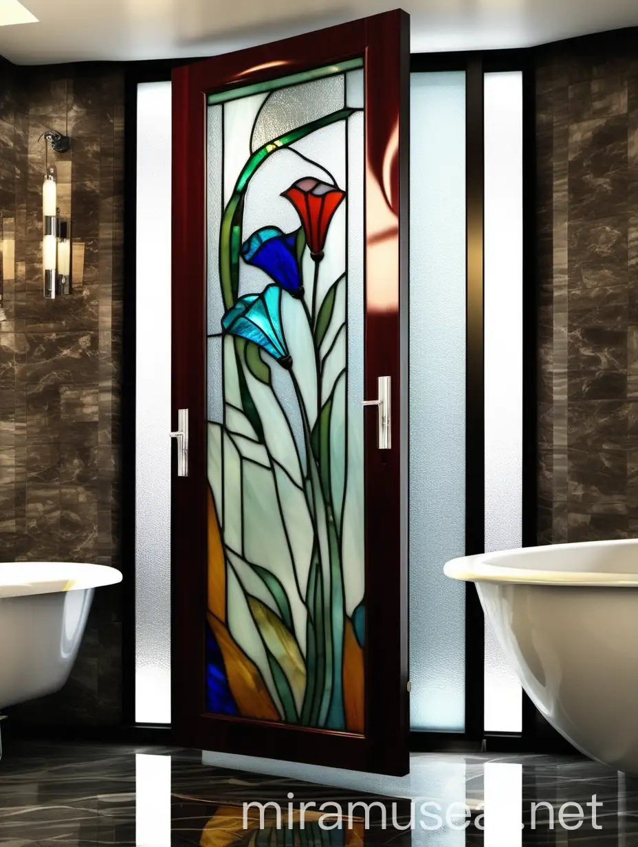 витражная дверь в ванной комнате "абстрактные цветы" в стиле ар деко из цветного стекла тиффани