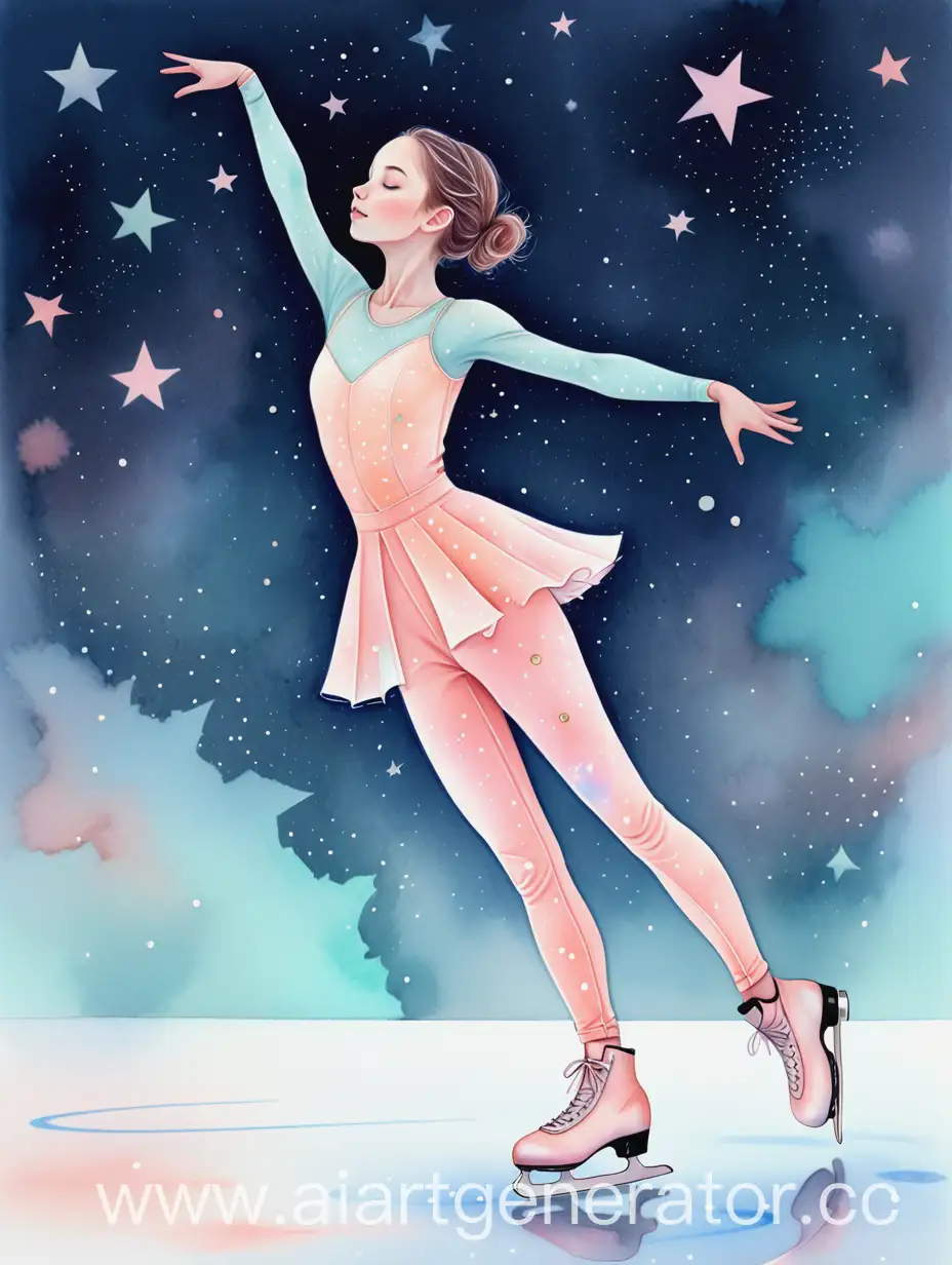 The image is made in a space theme, the drawing consists of a figure skater, a girl, 18 years old, a figure skater skating on ice in full height, a figure skater dressed in a tight jumpsuit, a jumpsuit consists of stars and constellations, pastel tones of light pink, mint, peach and blue, stylization and minimalism, executed in watercolor, make the image bright