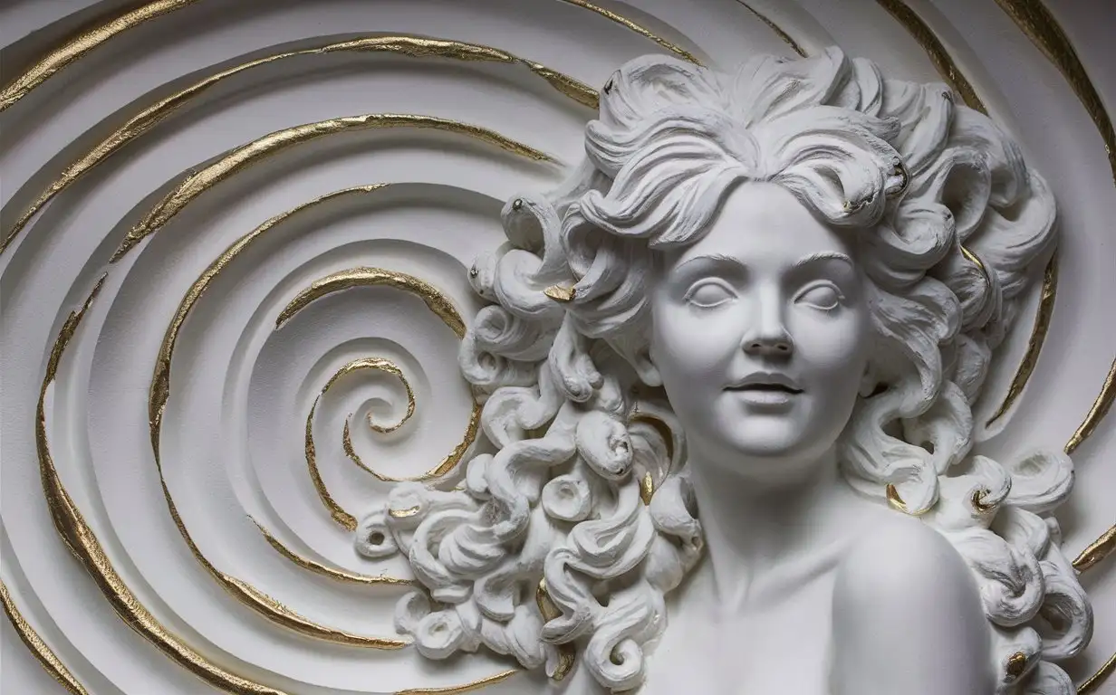 white basrelief plaster sculpture of young woman head with huge flowing hair on spiral voluminous background and gold elements