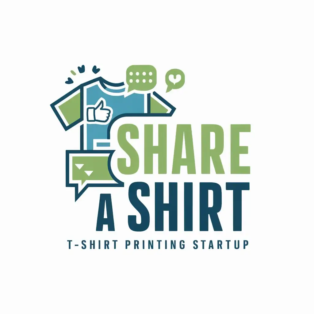 "Create a modern and engaging logo for 'Share A Shirt,' a t-shirt printing startup. The logo should incorporate elements that reflect the concept of sharing and social media. Use a vibrant color palette that includes shades of blue and green, symbolizing trust and growth. The design should feature an icon or graphic that combines a t-shirt with social media elements, such as a thumbs-up, share icon, or speech bubble. The text 'Share A Shirt' should be bold and easily readable, with a playful and friendly font style. The overall look should be clean, contemporary, and appealing to a youthful audience who are active on social media. Ensure the logo is versatile and can be easily adapted for use on various promotional materials, including t-shirts, websites, and social media platforms."