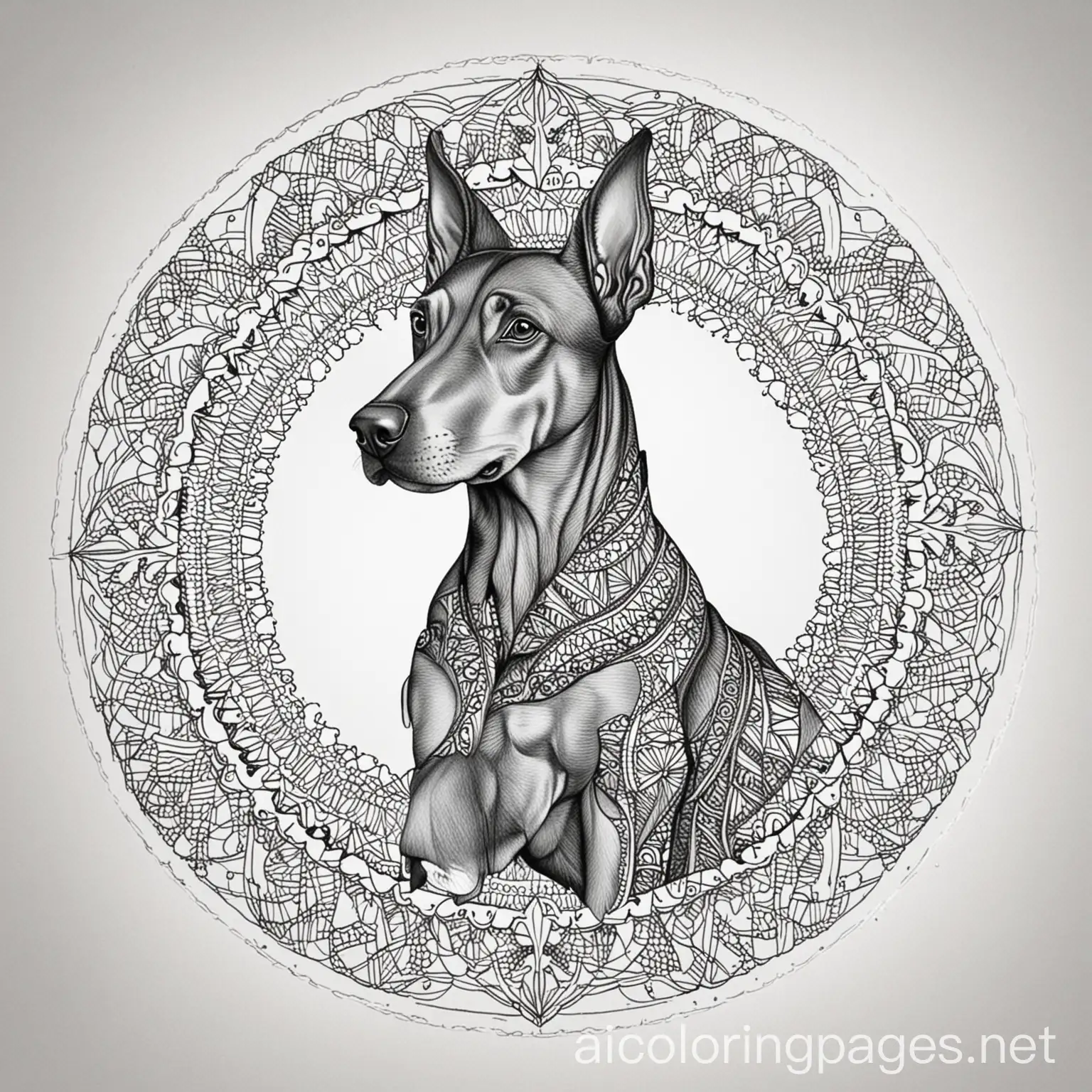 Dobermann-Mandala-Coloring-Page-Intricate-Line-Art-for-Relaxing-Creativity