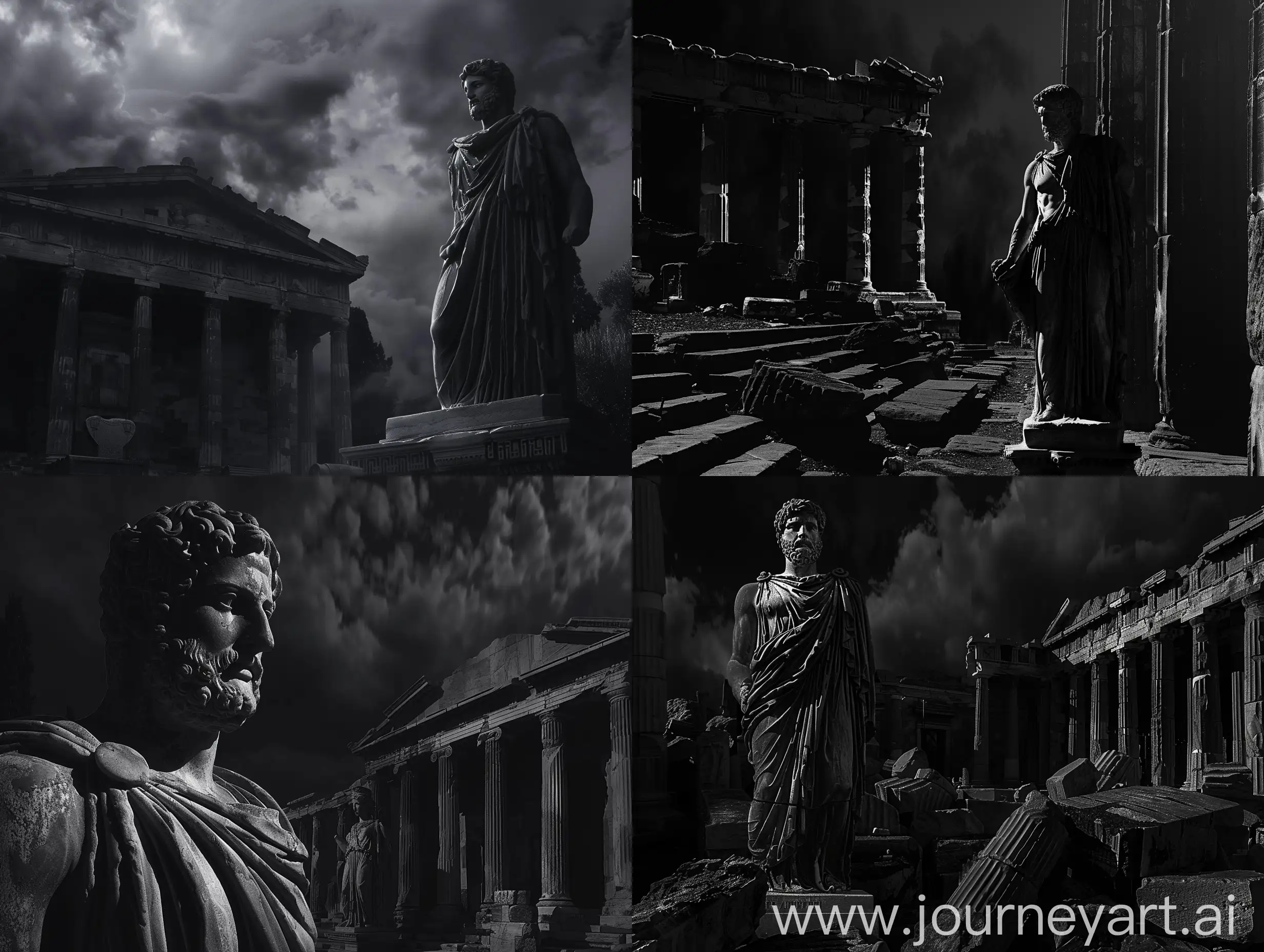 A dark landscape image of an ancient greek society deeply connected to stoicism, black and white, ancient greek architecture, include one single big statue of a stereotypical strong greek man, marcus aurelius
