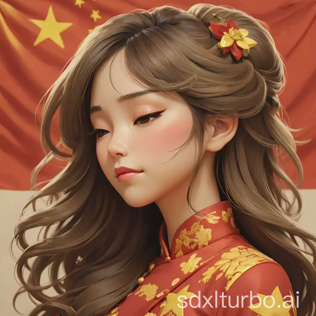一个长发御姐，面部侧脸特写，闭眼，穿祺袍，中国国旗上的五星元素，整体色调为红黄。日本漫画风格，
