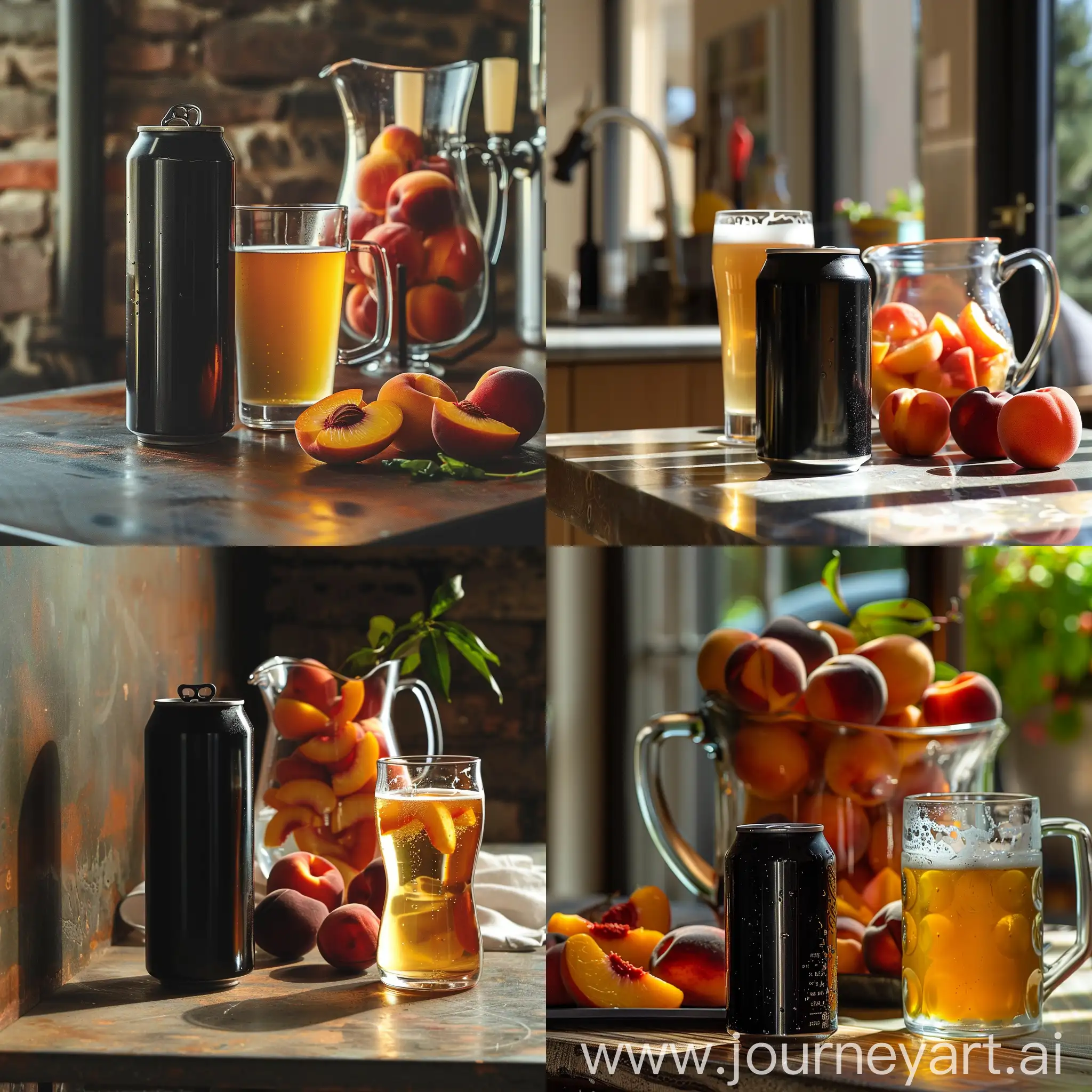 
A simple black soda can on a table and a glass of beer with a pitcher of peaches. Front view, real space