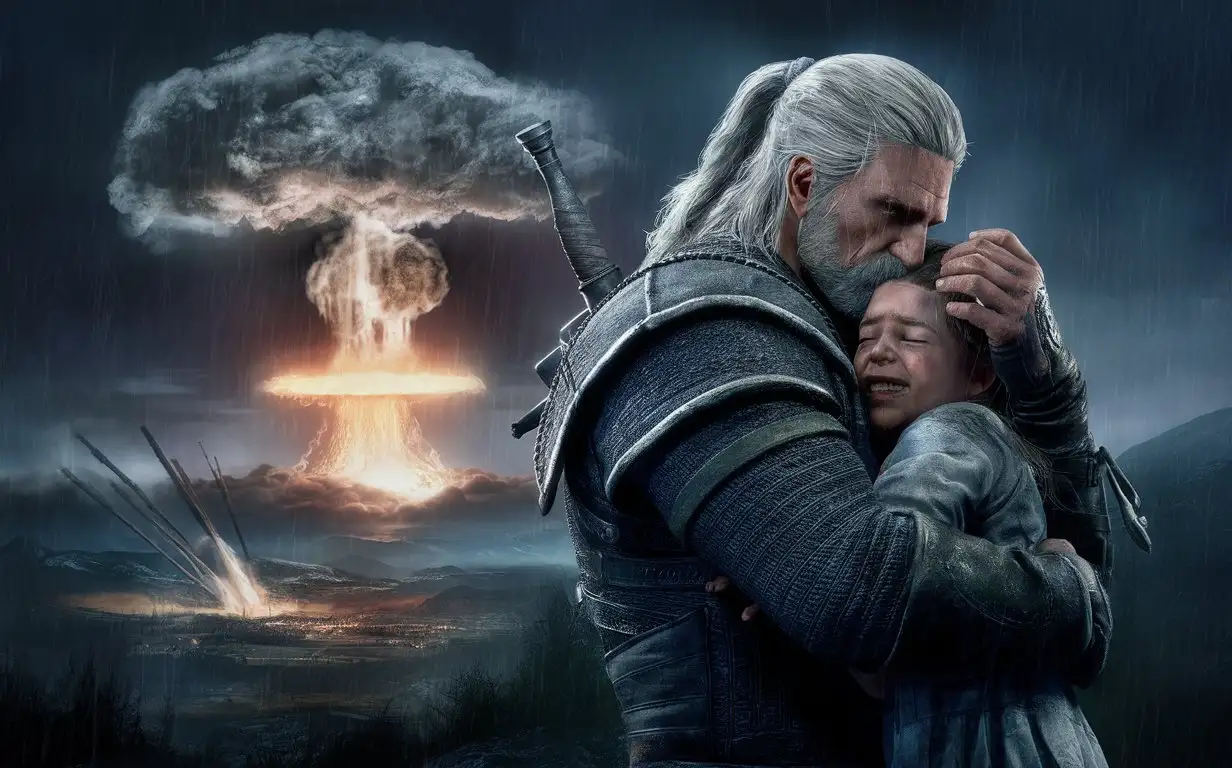 Geralt sad-faced moves, tears on his cheeks, hugs his daughter, she cries; they watch as the world dies in nuclear attacks; a nuclear explosion is seen, the atmosphere is horrible, it rains; nearby a nuclear bomb exploded