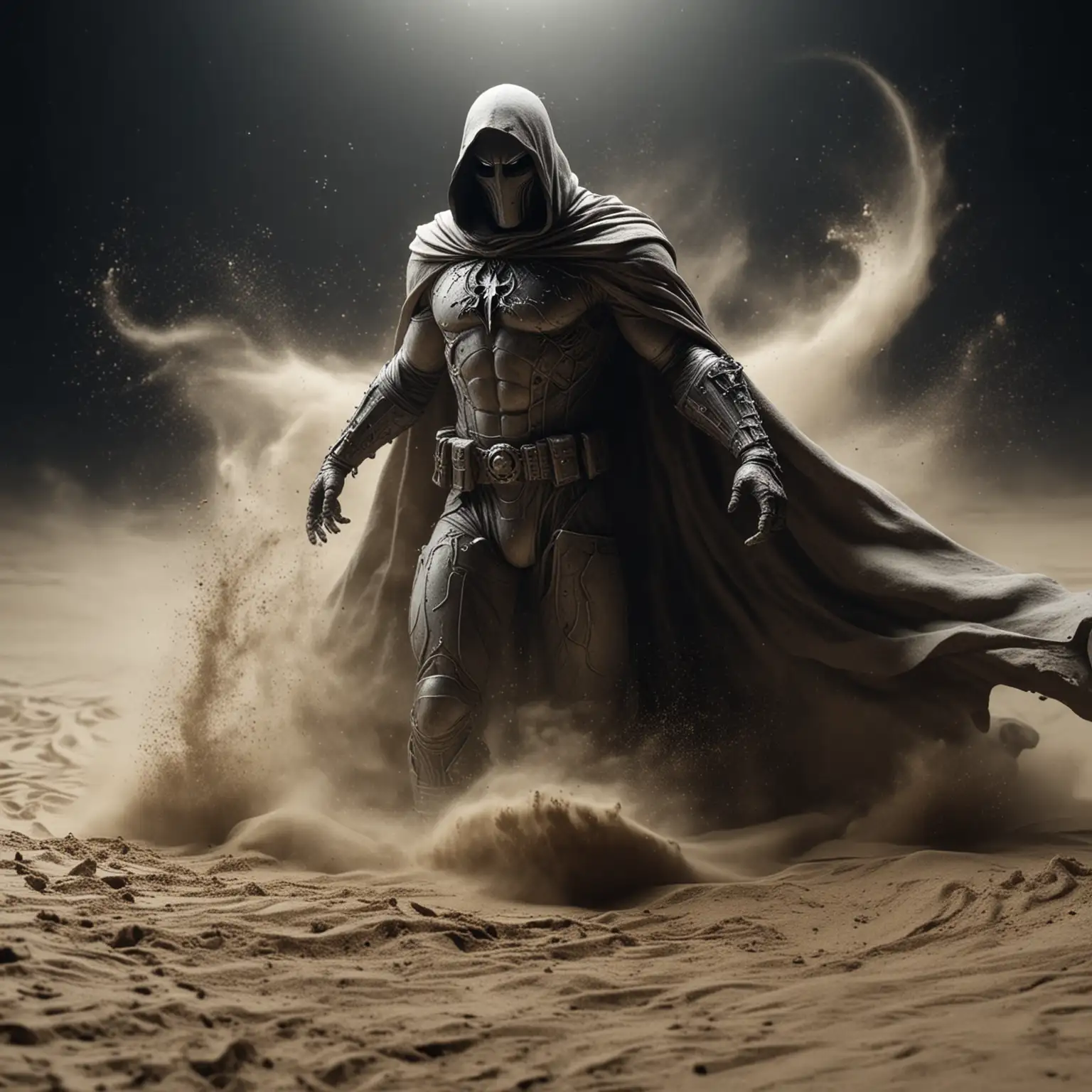 Moon Knight Dissolving into Swirling Sand Cinematic Portrait