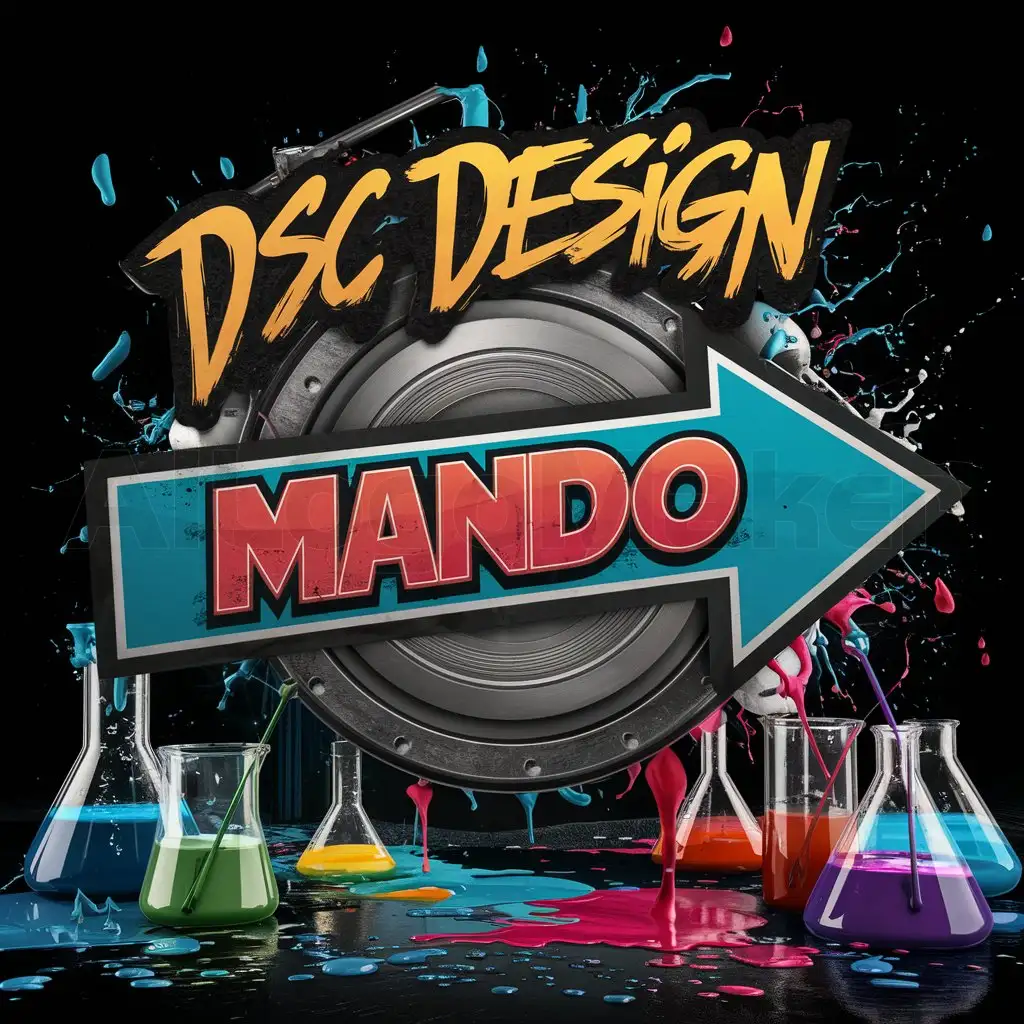 a logo design,with the text "disc design", main symbol:A wide block arrow with text saying 'MANDO', Bright rich colors, edgy cool graffiti style text and artwork, paint lab, beakers of paint, flasks of paint, spilled paint, splashed paint, paint drops flying, messy but creative. Dark background.,Moderate,clear background