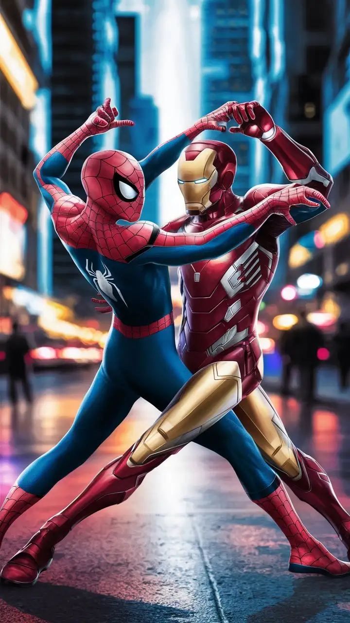 Superheroes Spiderman and Ironman Dancing Together in Cityscape