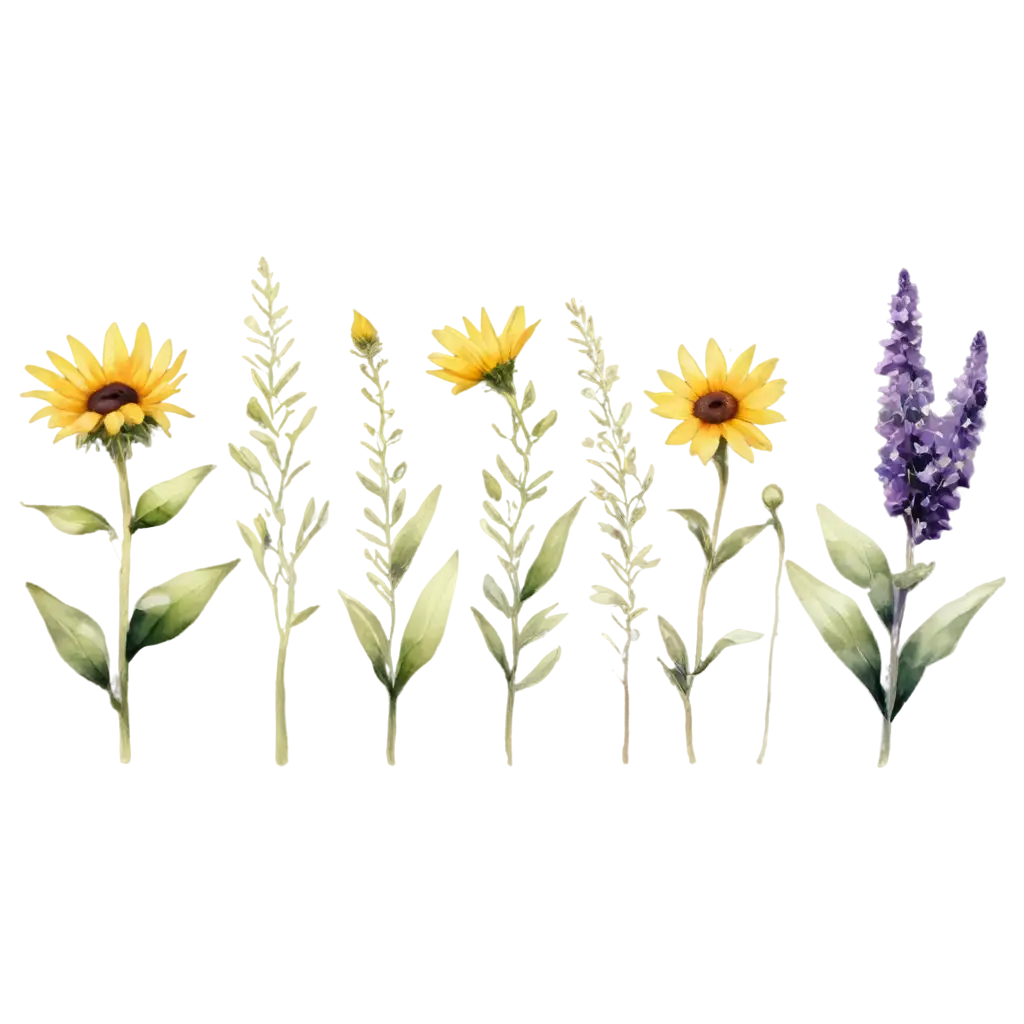 Exquisite-PNG-Image-Vibrant-Wildflowers-and-Aquarell-Leaves-with-Lavender-and-Sunflower-Accents