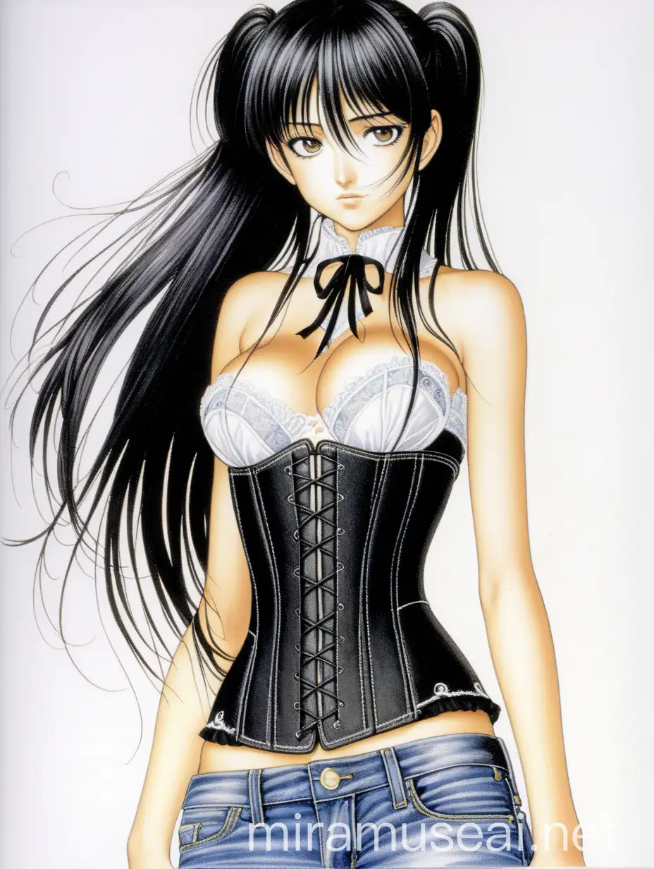 Illustration de Takeshi Obata d’un modèle avec un corset et, cheveux noirs mi-crinière et jeans. A ouverture pour un manga blanc 