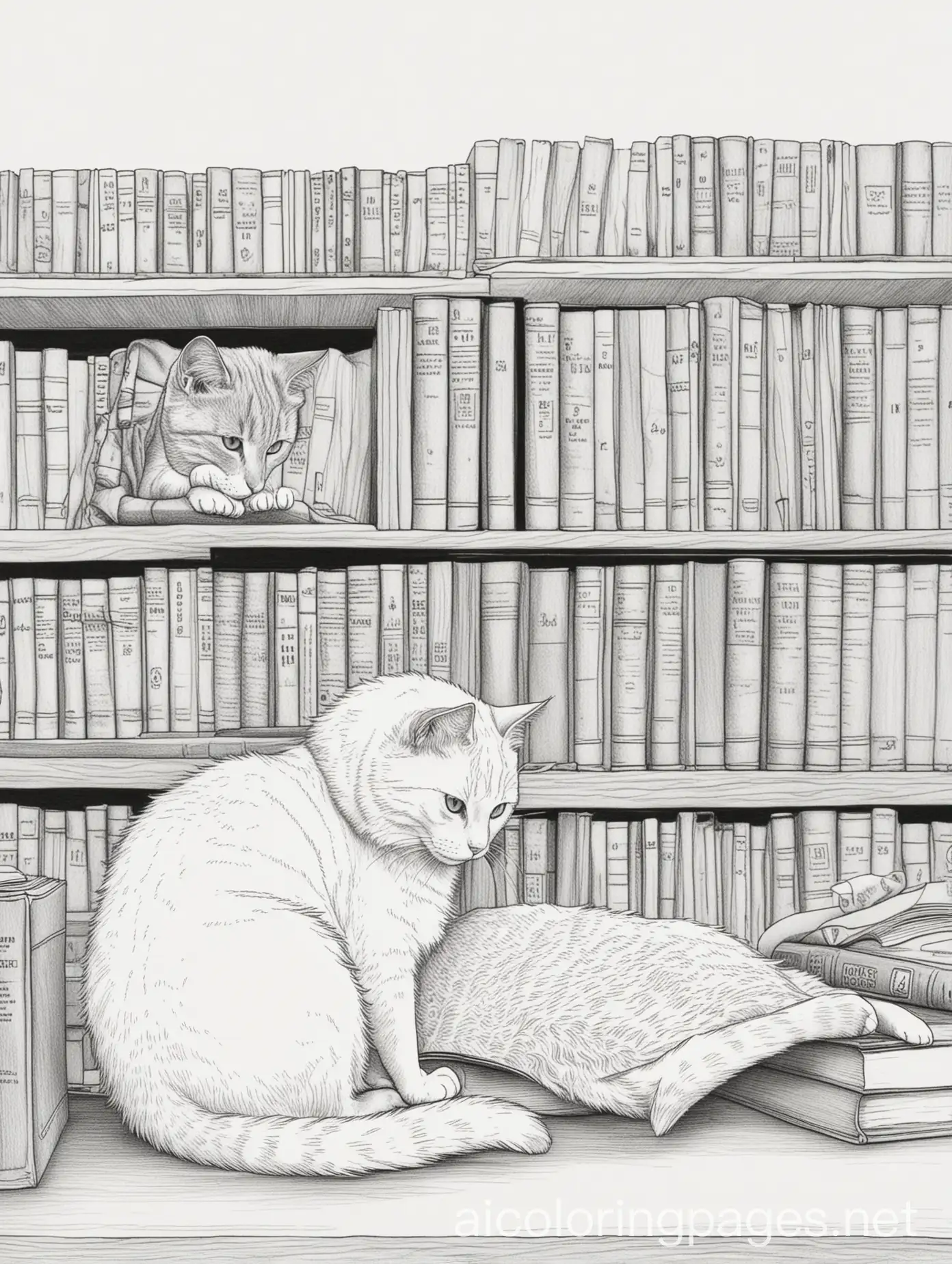 a cat in the library, Coloring Page, black and white, line art, white background, Simplicity, Ample White Space
