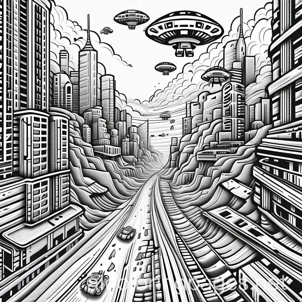 A dystopian landscape with a destroyed city and flying robots, Coloring Page, black and white, line art, white background, Simplicity, Ample White Space. The background of the coloring page is plain white to make it easy for young children to color within the lines. The outlines of all the subjects are easy to distinguish, making it simple for kids to color without too much difficulty
