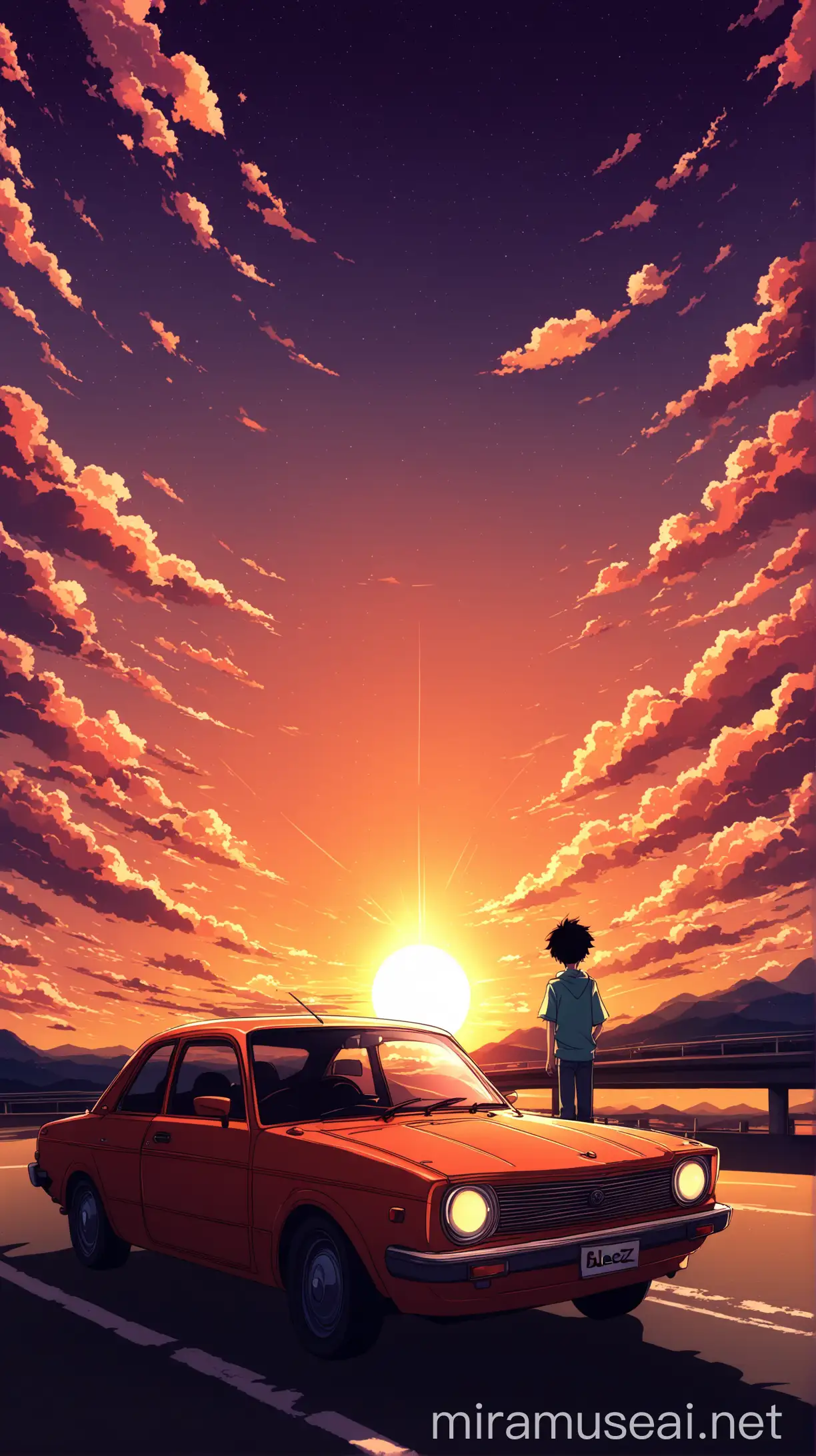 vector anime boy, sky, car, sunset, hues color, cloud, bleez, shine