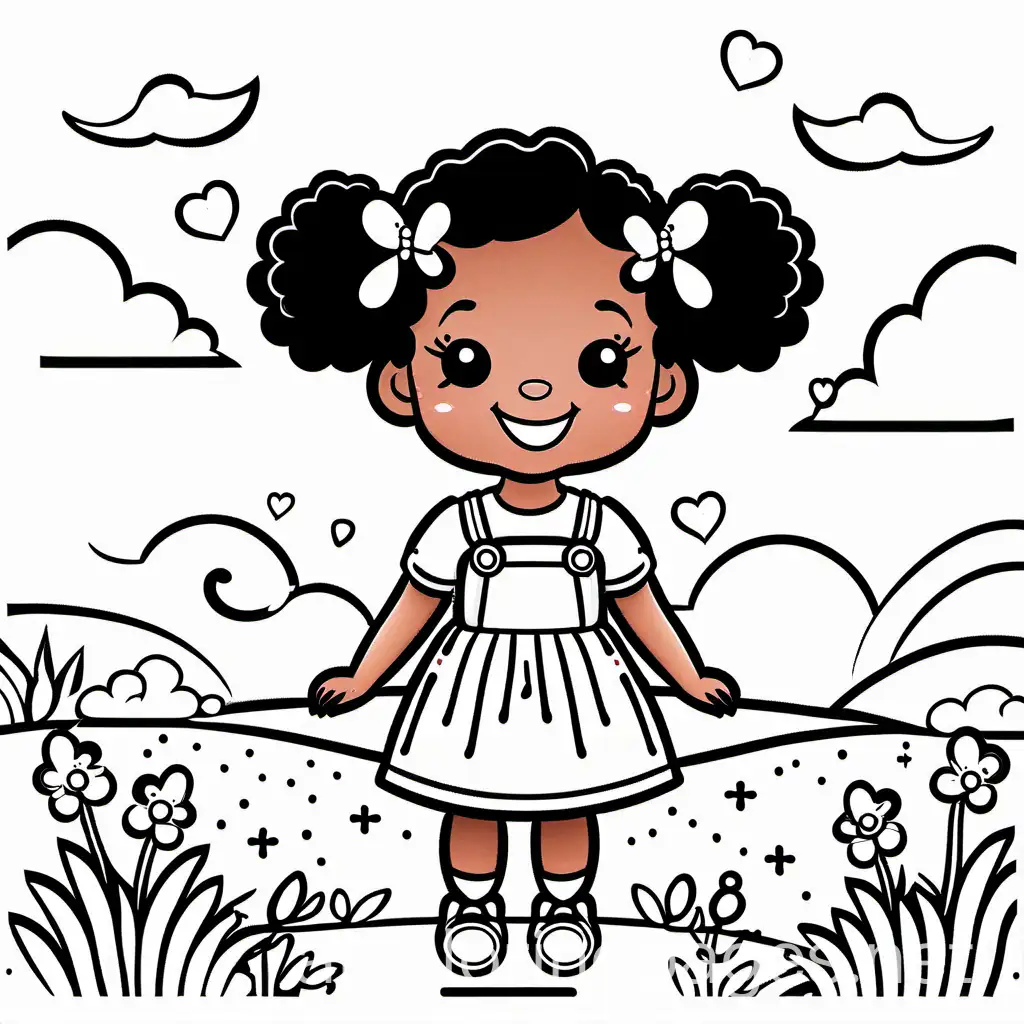 toddler girl character dark skin curly pigtails happy smiling. Day is turning to evening the sky is pink. The girl is waving Bye! The overall atmosphere should be playful and whimsical, capturing the joy of the end of a  sunny day in the garden.", Coloring Page, black and white, line art, white background, Simplicity, Ample White Space. The background of the coloring page is plain white to make it easy for young children to color within the lines. The outlines of all the subjects are easy to distinguish, making it simple for kids to color without too much difficulty