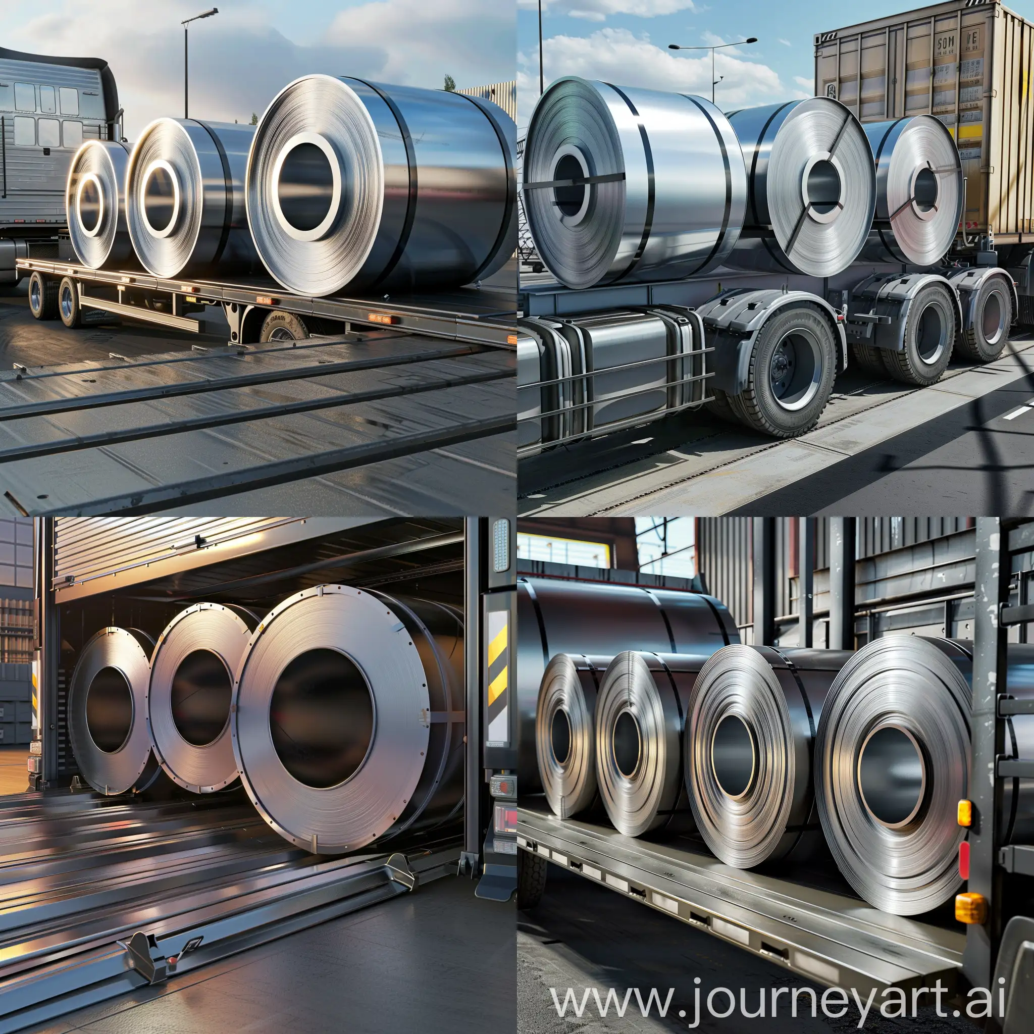 Create a realistic image of 3 steel rolls loading onto a truck with a background, show the truck face and load section in one image