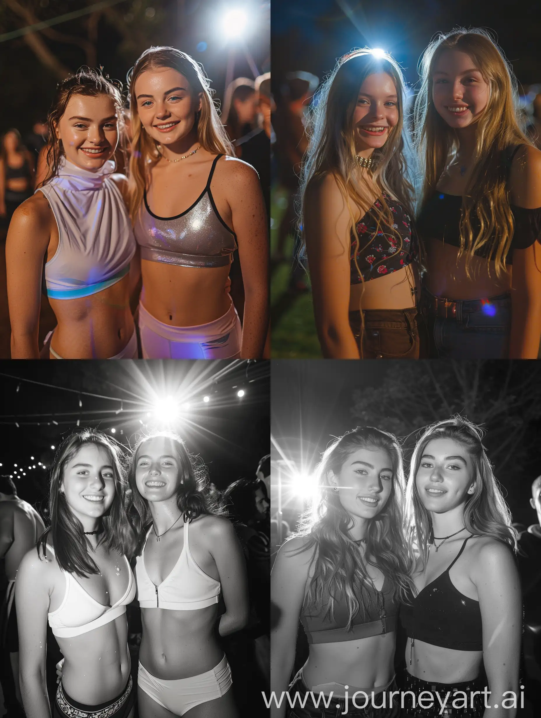 2 young women at the party, 22 years old,  transparent fantasy,   standing, fitness, at night, flash, flash light, smilling