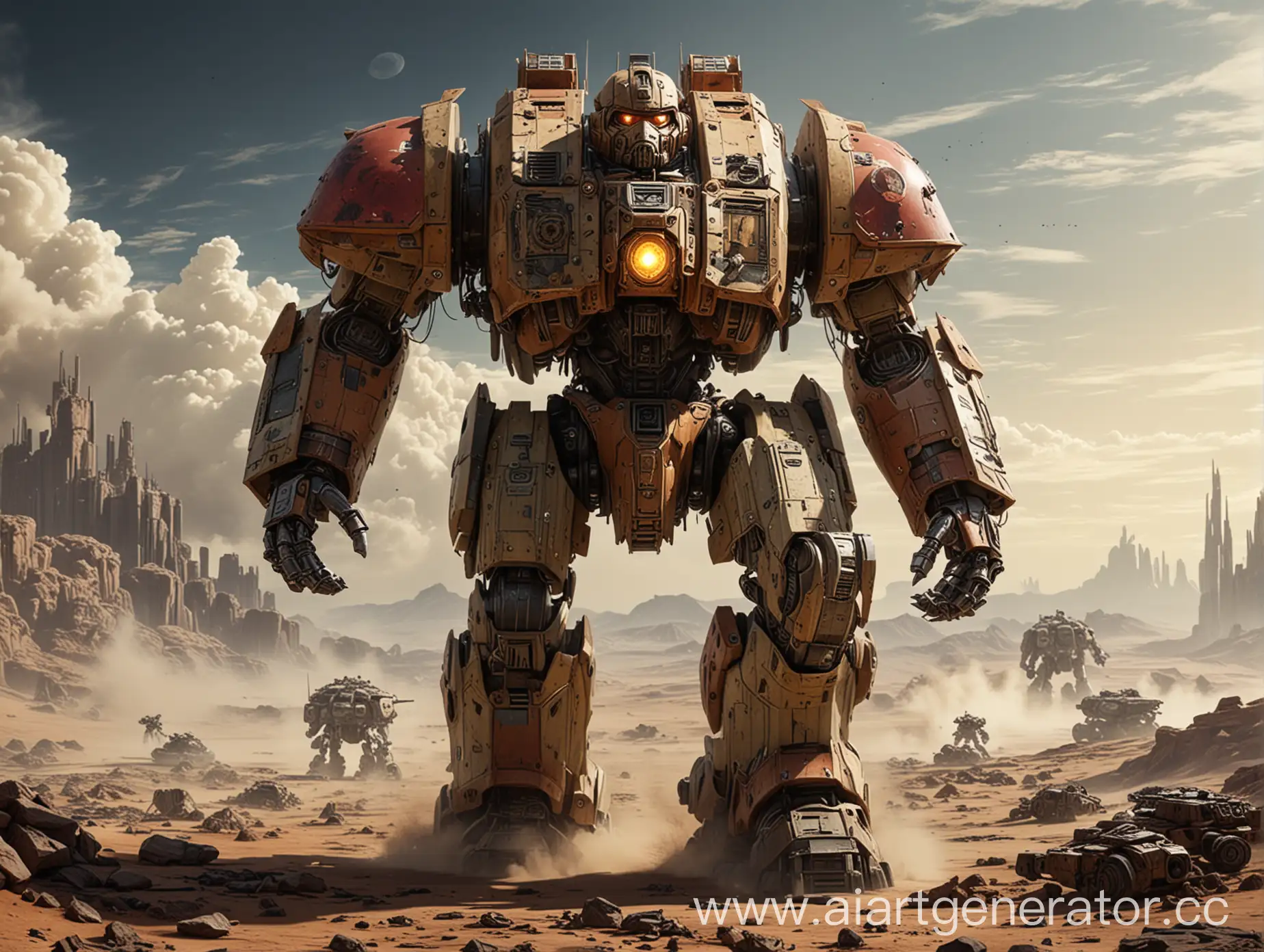 Огромный Робот Имперский Титан (Warhammer 40000) Идет по поверхности планеты во время войны.
Погода солнечная , ясная. Поверхность планеты безжизненная