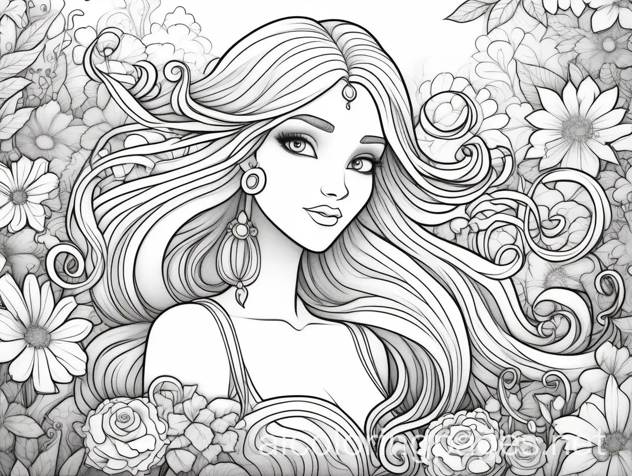 Princess-Surrounded-by-Flowers-Beautiful-Line-Art-Coloring-Page
