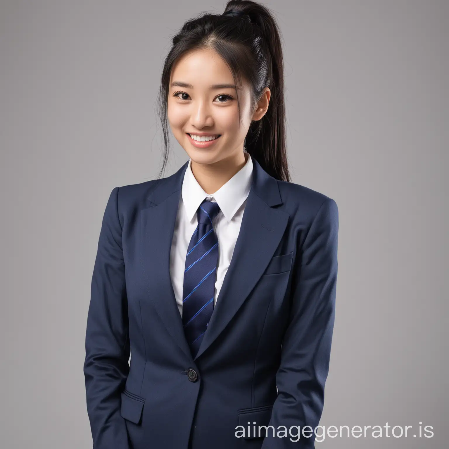 single person Asian female student with high ponytail black hair smile fair skin student uniform deep blue suit necktie clothes neat white background front light even facial brightness tidy hair exposed shoulder mid-length portrait exposed thigh not showing teeth no fringe no sideways light on face no wrinkles in clothes no jewelry