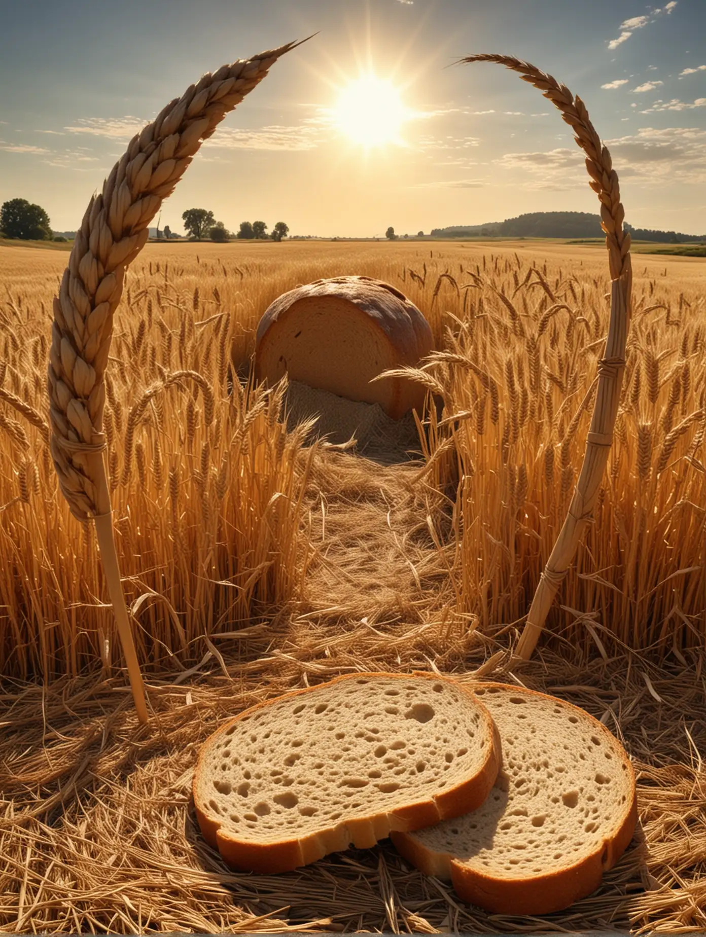 Harvesting-Scythe-with-Wheat-Haystack-and-Fresh-Bread-Loaf-under-Sunlight