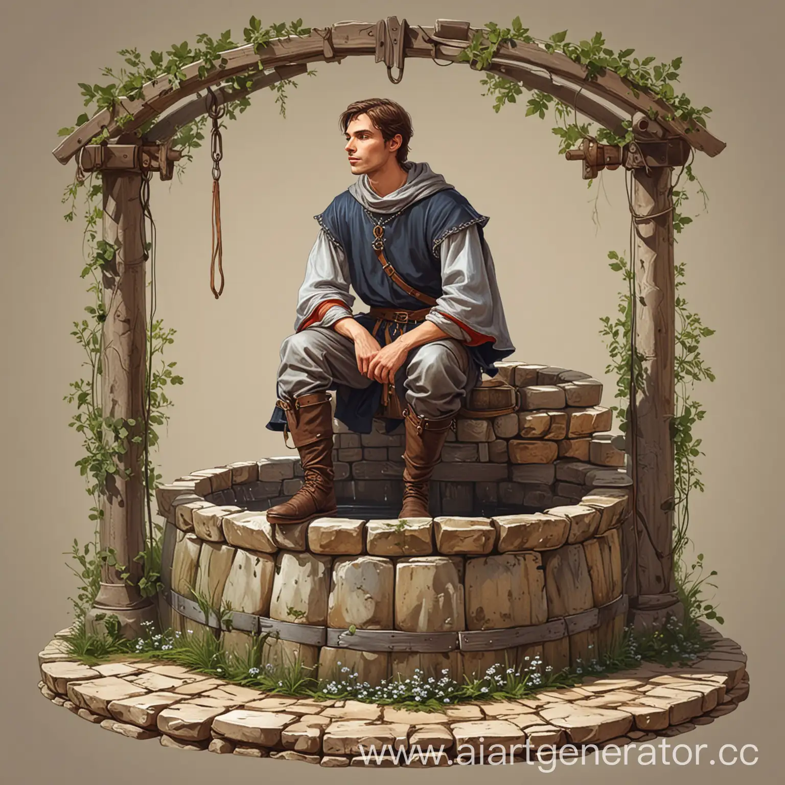 Medieval-Man-Sitting-on-a-Well-Vector-Illustration