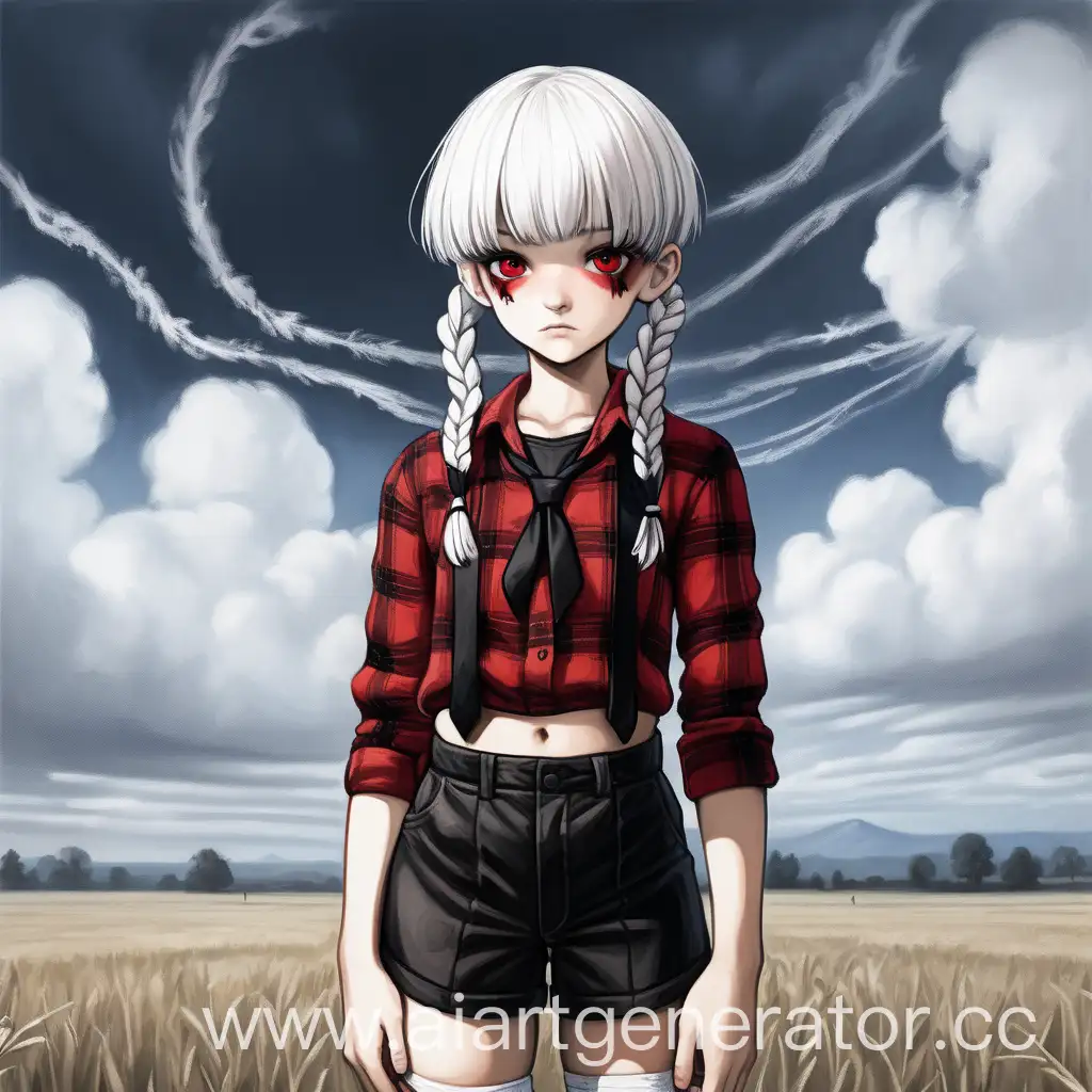 Grim-RedEyed-Girl-with-Bandaged-Hands-in-Cloudy-Field