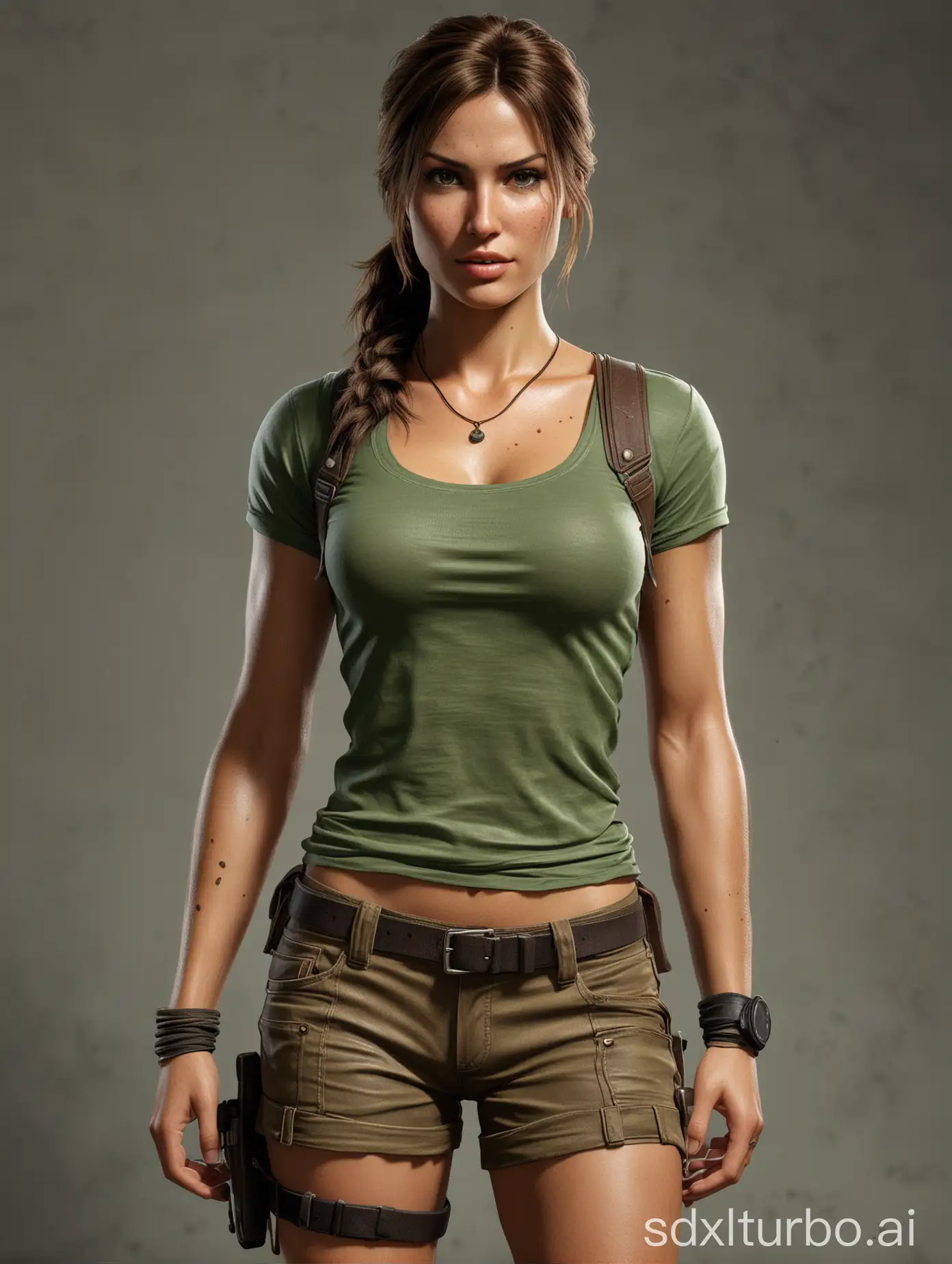A digital image of a character from the Tomb Raider franchise, wearing a green top and brown shorts.
