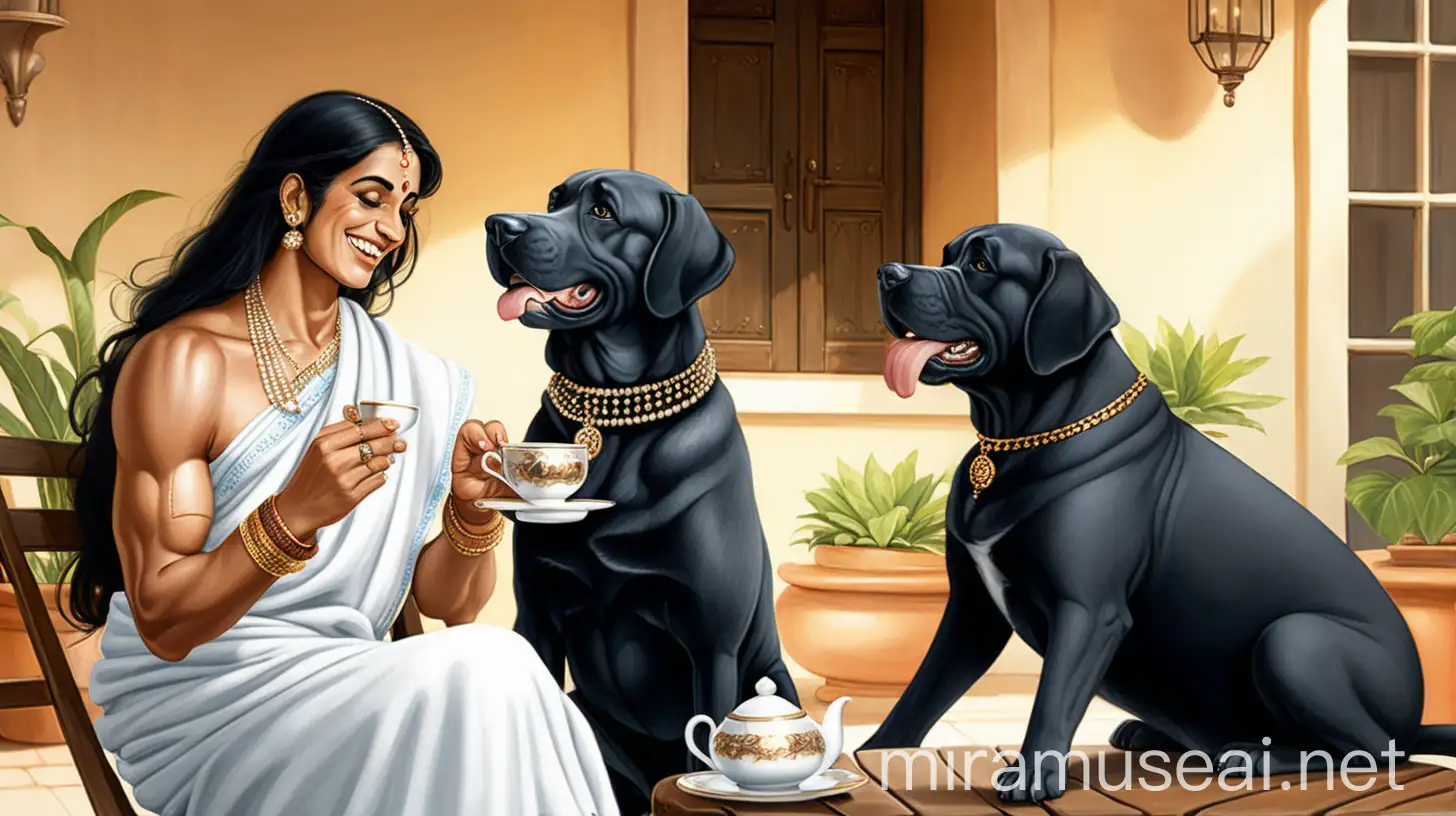 a indian healthy muscular     man holding  a tea cup  aged 23 sitting in a   luxurious
farm house  court yard  with a 47 years old indian fat woman happy and laughing with full make up and a lot of gold jewallary holding a cup of tea   ,  both are wearing white bath towel  ,a big black dog is also seating beside them. on a round table there is a tea pot and tea cup, they both are sitting face to face. on two chairs , its day time and there i a lot of lights in background.