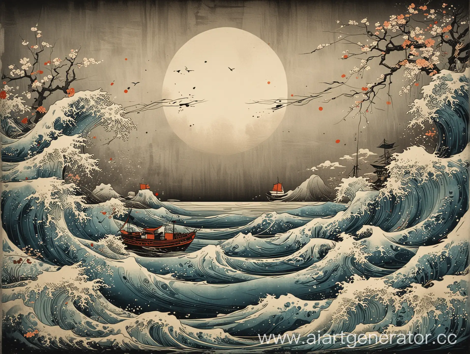 Abstract composition in the style of Japanese prints with a sea atmosphere as after the war