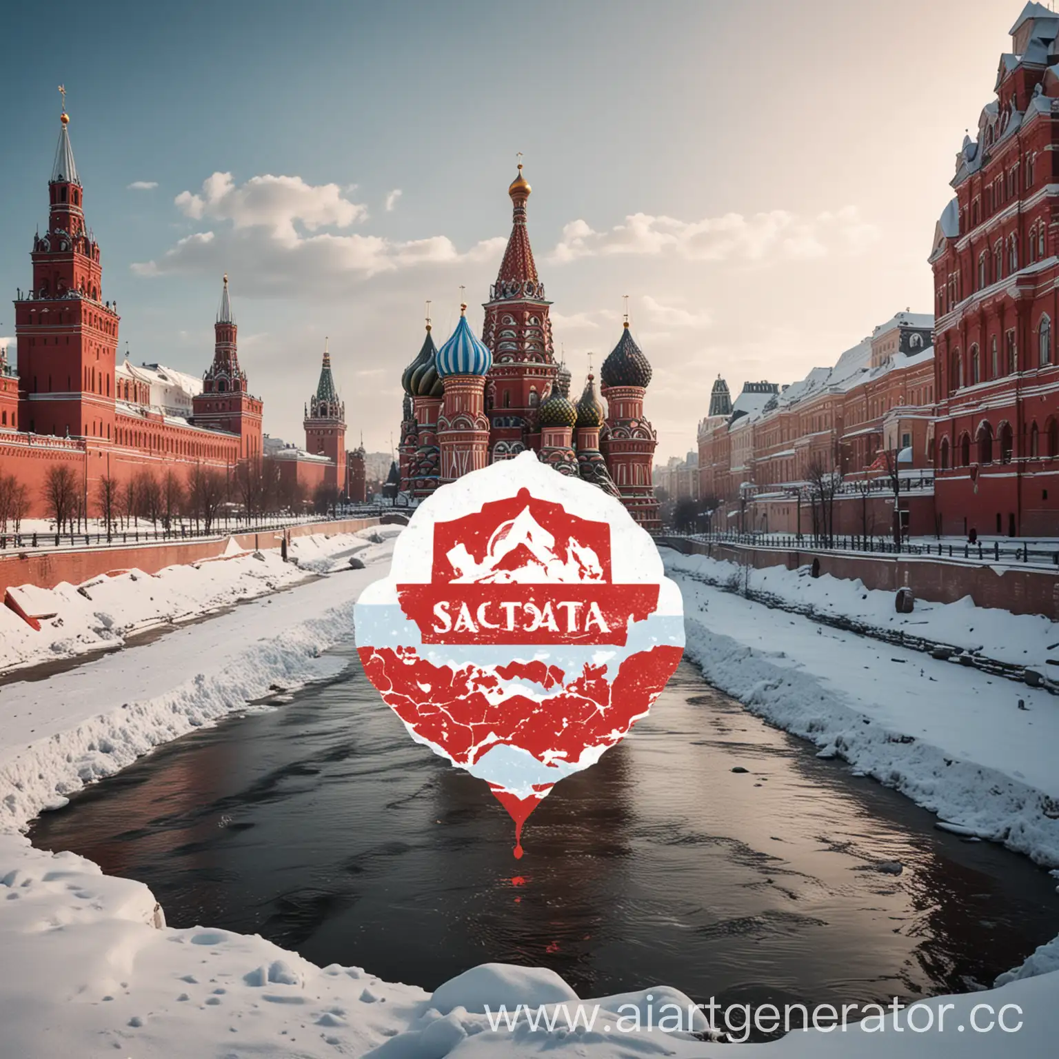 Создай логотип для телеграмм канала по интересным местам России. На фоне красная площадь в снегу с речкой