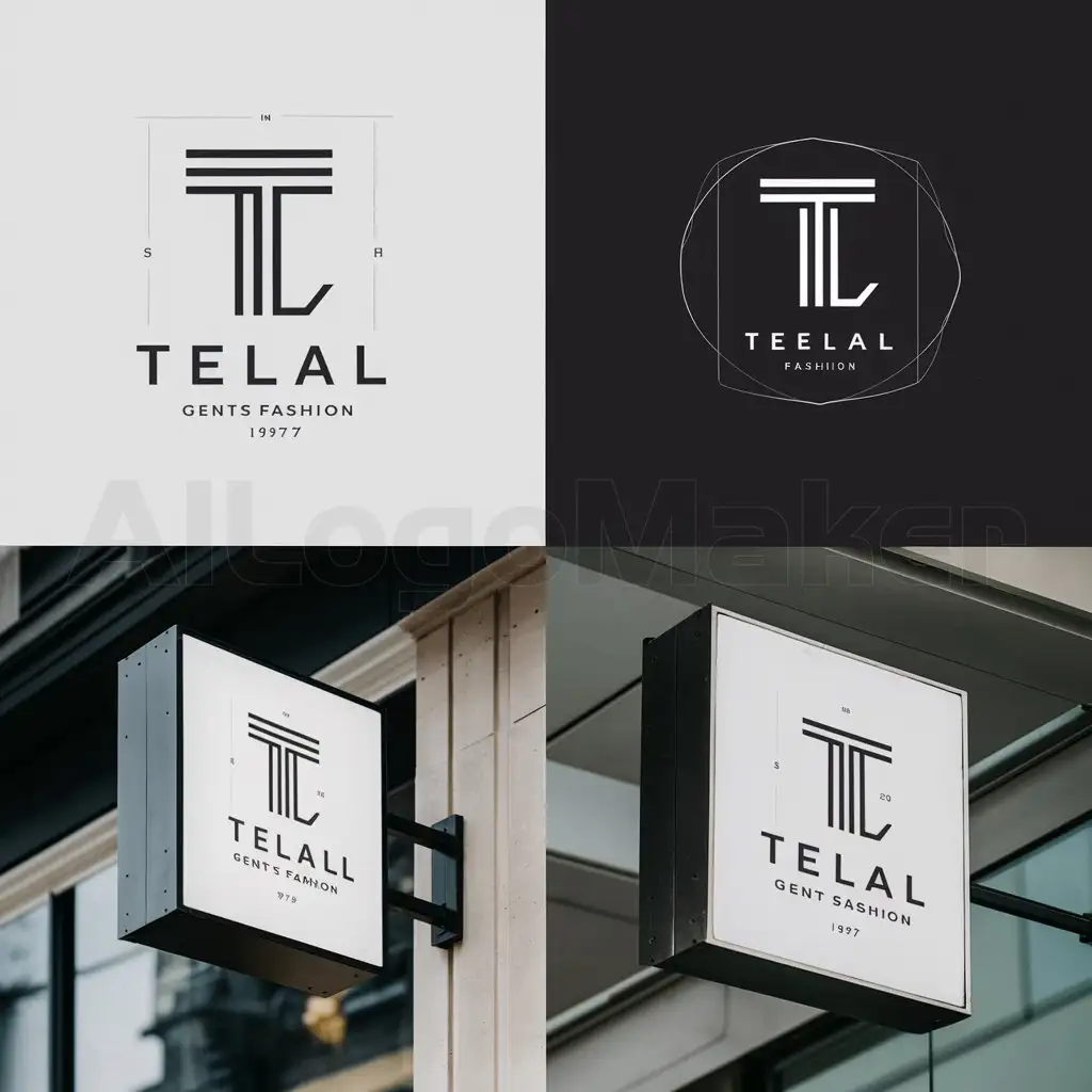 a logo design,with the text "TL", main symbol:Logo Design BriefnAl Telal Gents Fashion, founded in 1987, has become a globally recognized gents brand in the fashion world. From traditional gents fashion and kids fashion to accessories, footwear, military, and police uniforms. The Signature line of Telal Gents Fashion is enthused with tradition and Fashion. nTelal brings bespoke solutions for everything from in-showroom hospitality to customizable products, in-house fashion designer and ultimate customer experience. nFor more please visit: www.altelal.comnnLogo Concept: Contemporary & SolidnnStyle:n• Clean lines and geometric shapesn• Consider using negative space to create a unique markn* Please keep in mind: Don't use the same style as the Wordmark logo. nnColor:n• Explore a limited color palette (1-2 colors) for a sophisticated look.n• Consider black & white for a timeless and bold impact. Alternatively, explore a color palette that aligns with Telal's brand identity (luxury, minimalist, etc.).nnAdditional Considerations:n• The logo should be legible and work well at small sizes.n• Ensure the design is versatile for various applications (print, digital).nnDeliverables:n• Multiple logo concepts for review.nMockups:no Showroom sign board mockup: Visualize the final logo design placed on a sleek, modern signboard outside the Telal showroom. The monogram logo can be prominently displayed between the full name in a clear and readable font.no Product label mockup: Create a mockup showcasing the chosen logo design on a product label. Consider how the logo would integrate with the overall product packaging design.nLogo TextnTL,Minimalistic,clear background