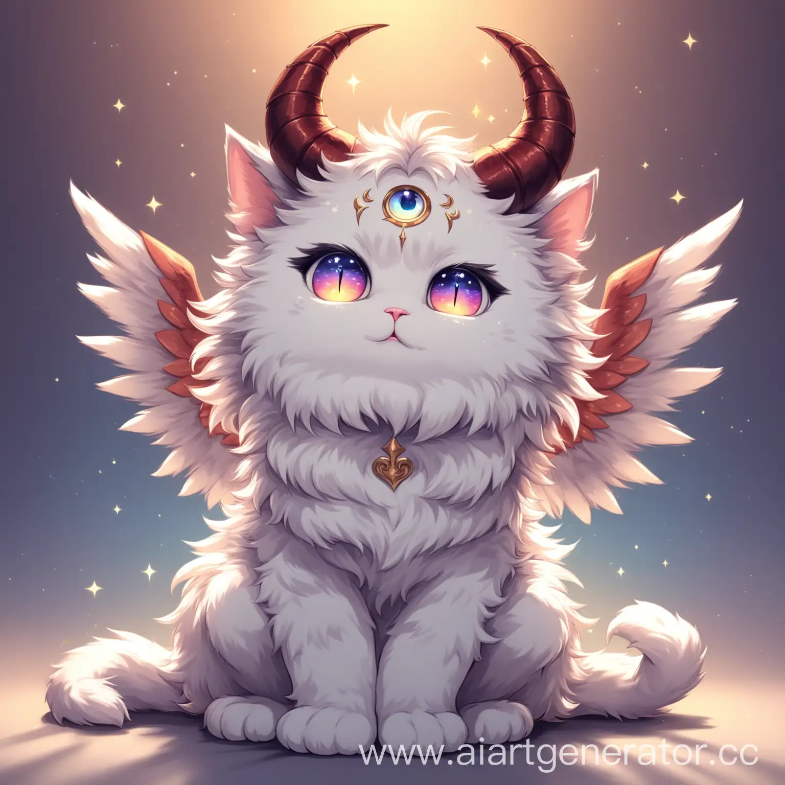 animal, fantazy, furry, full high, cute ,fluffy cat, with three eyes and wings and horns