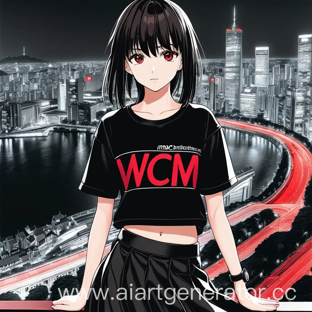 anime a girl against the backdrop of a city , on a black T-shirt на которой надпись WCM red inscription in a black skirt.