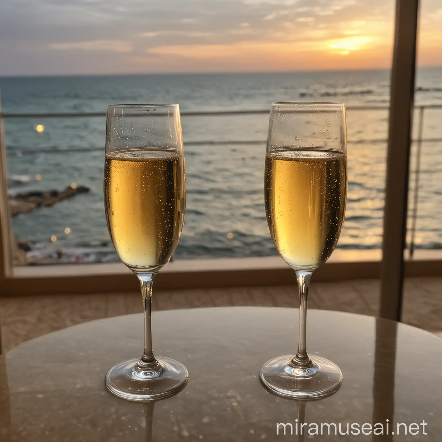 Two glass of champagne in a restaurant table, beside the table there is a window where you can see the beach at night