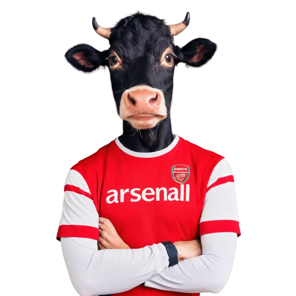 real cow smiling with teeth black and white wearing an arsenal football shirt