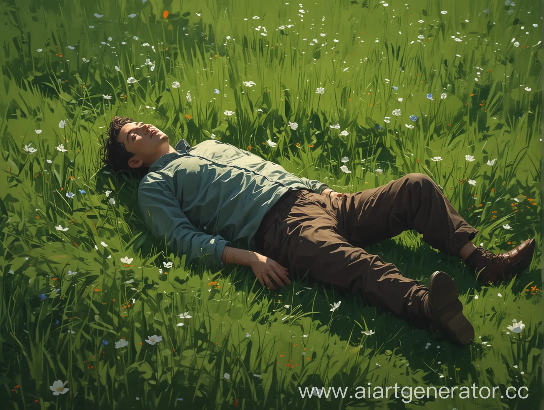 Человек лежит в траве в стиле Atey Ghailan