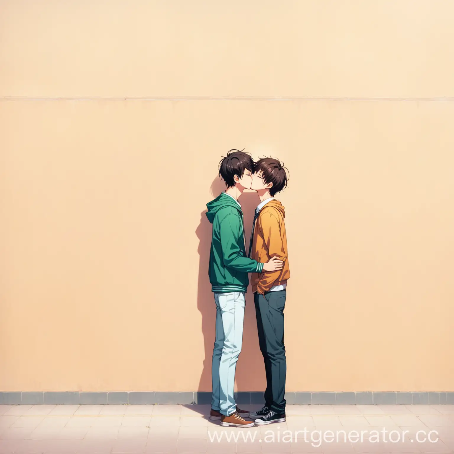 два парня стоят около стены в школе, и целуются,