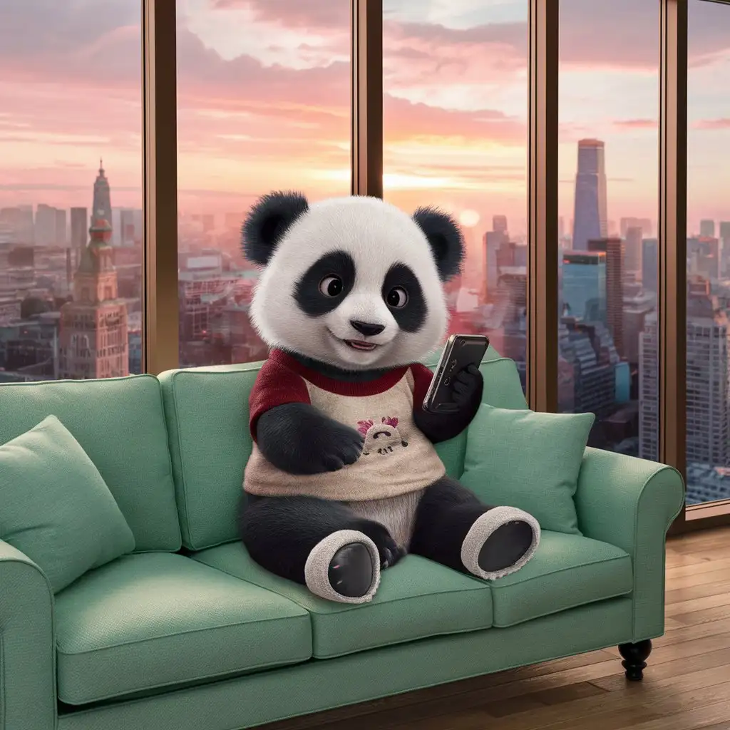 Baby panda, sitting on the sofa playing with mobile phone, very cute, wearing T-shirt and slippers, mint green living room, floor-to-ceiling windows, sunset, outside the window is the city, dreamy, anthropomorphic image