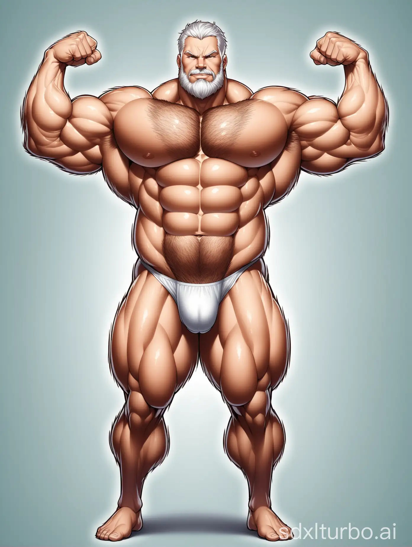 White skin and massive muscle stud, much bodyhair. Huge and giant and Strong body. Very Long and strong legs. 2m tall. very Big Chest. very Big biceps. 8-pack abs. Very Massive muscle Body. Wearing underwear. he is giant tall. very fat. very fat. very fat. Full Body diagram. very long strong legs.very long legs.very long legs. raise his arms to show his huge biceps. raise his arms to show his huge biceps.very old man.very handsome men.