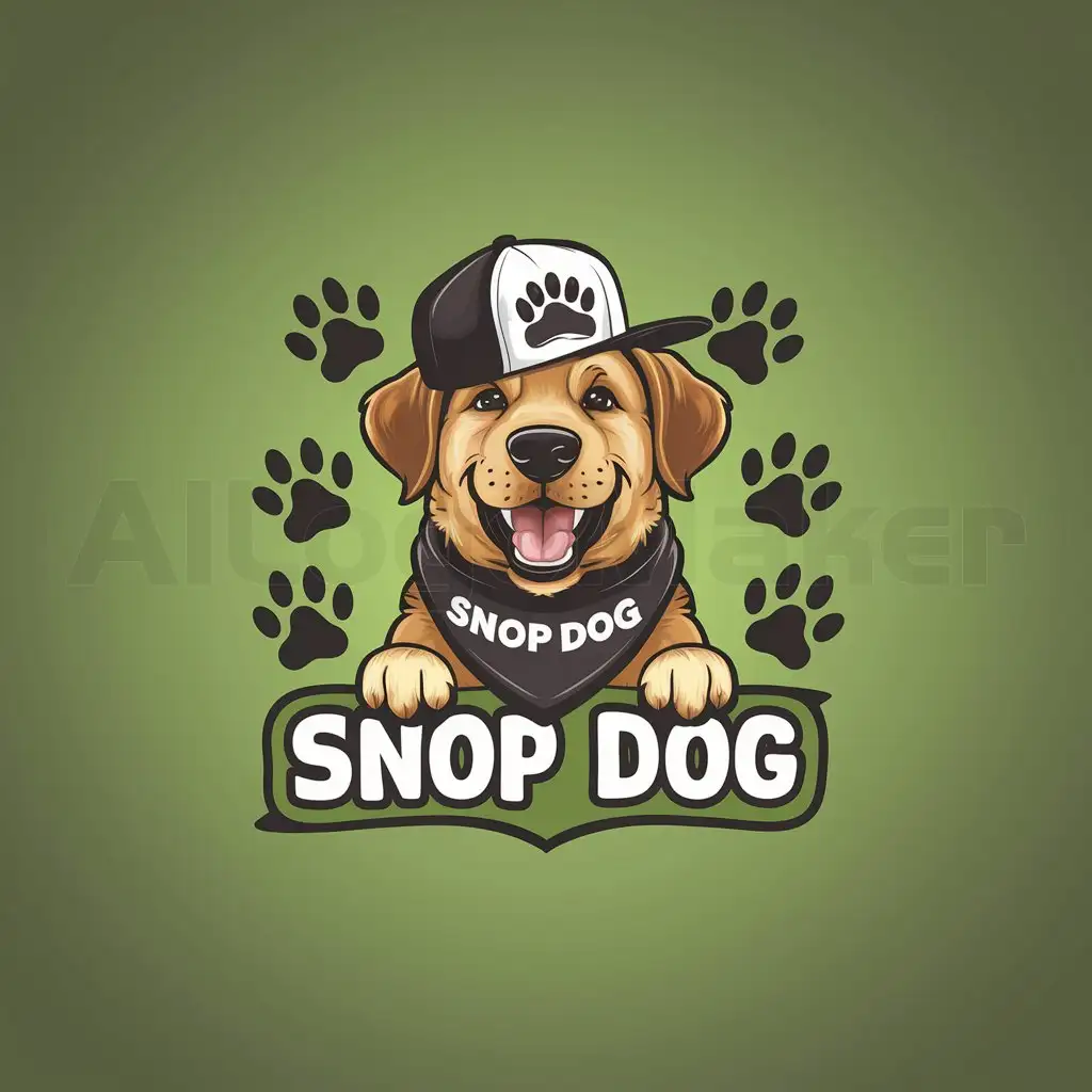 a logo design,with the text "Snop Dog", main symbol:the logo shows a happy and energetic dog, possibly a labrador retriever, wearing a cap backwards and a scarf with the name snop dog written on it. surrounded by some dog paw prints in the background, all in green tones,Moderate,be used in Animals Pets industry,clear background