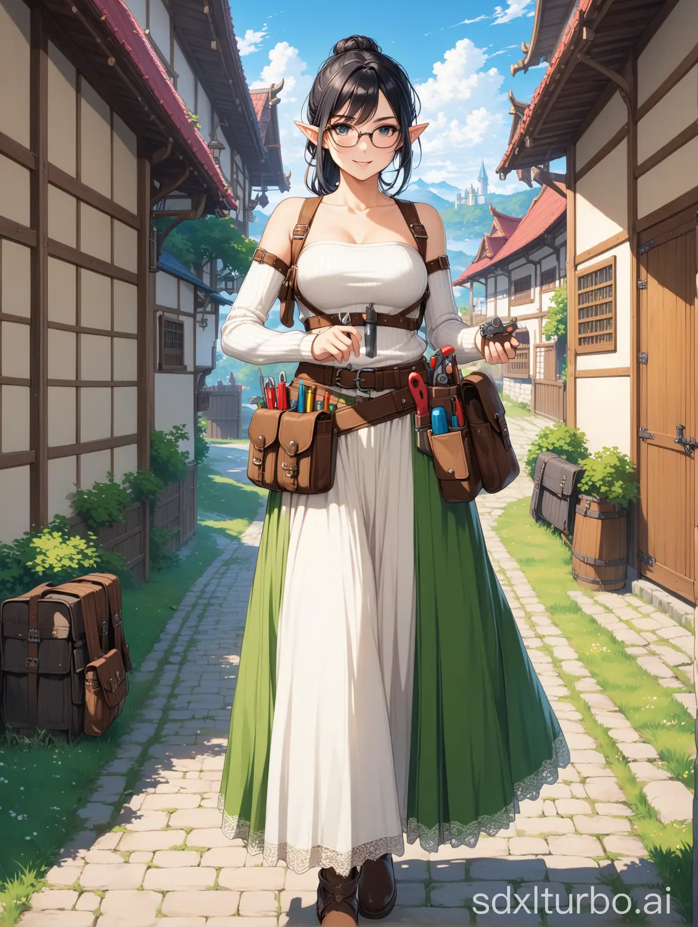 best quality, highres,((masterpiece)), (((best quality))), ((positive)), elf woman, eyeglasses, black hair tied in a bun, bow, lace, strapless white jumper with tank top underneath, colourful long skirt, long skirt, school bag, pouch on the waist, harness, tool belt, tools, armour, elf, corset, Japanese anime, gaming characters, medieval