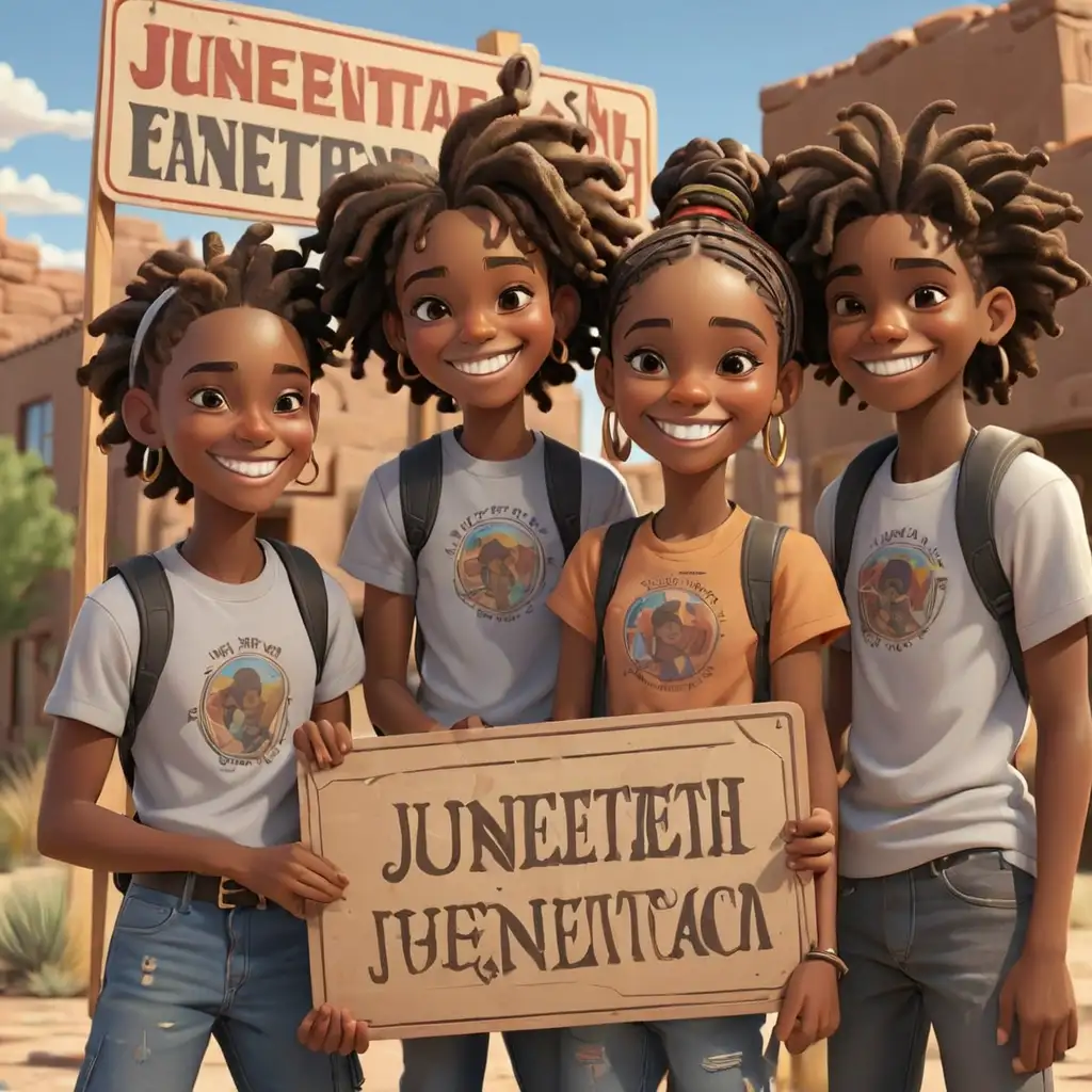 detailed 3D cartoon-style juneteenth teens smiling in new mexico with sign