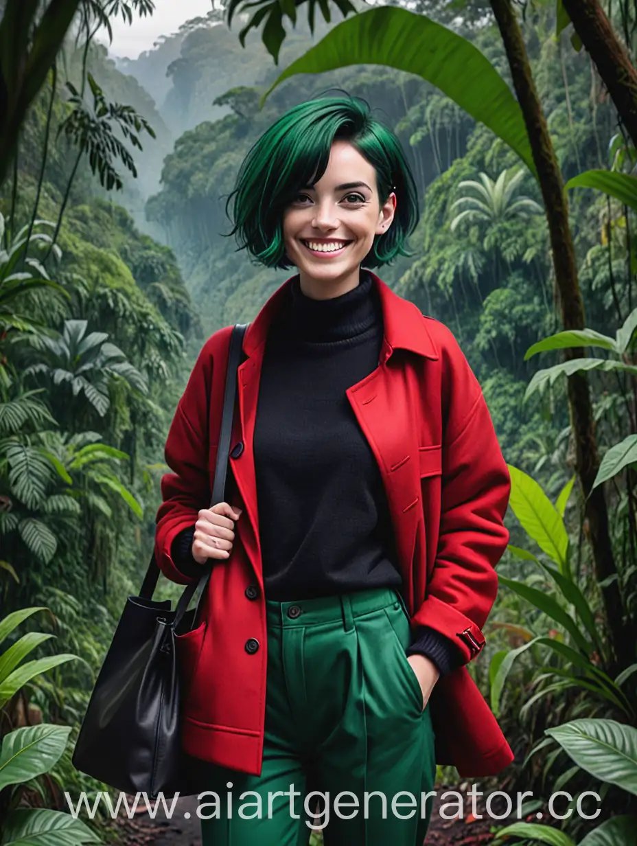 Женщина, короткие волосы, темно зелёные волосы, красное пальто, брюки, чёрная кофта, сумка через плечо, джунгли, вид издалека, улыбка