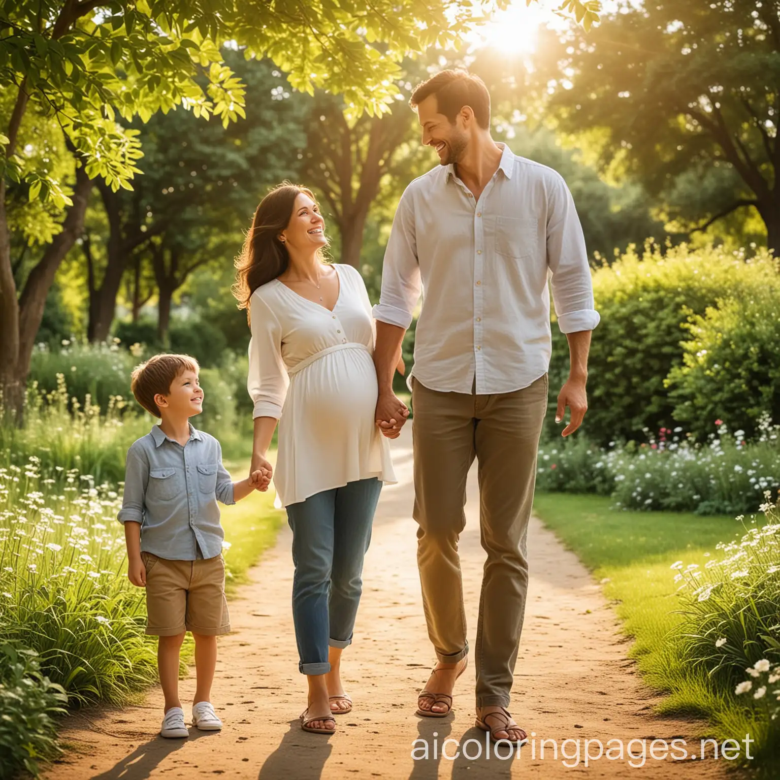 Radiant-Pregnant-Woman-Holds-Hands-with-Husband-and-Grandson-in-Summer-Park