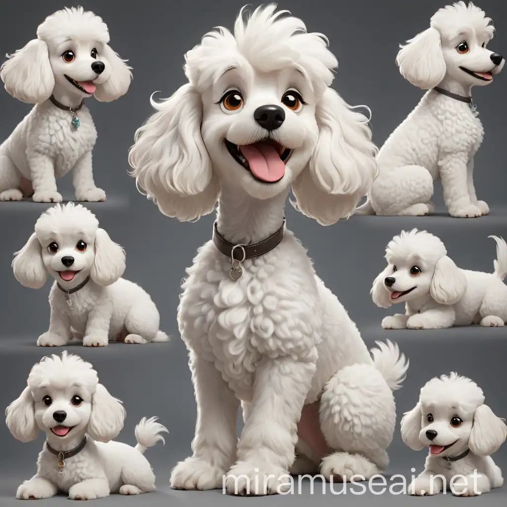 2D cartoon Disney character digital art of white poodle dog, multiple posses. superb linework, classic 2D Disney style art, close-up, inspired by the art styles of Glen Keane and Aaron Blaise, Disney-style character concept with a Disney-style face, (trending on artstation), Disney-style version of white poodle dog, multiple posses