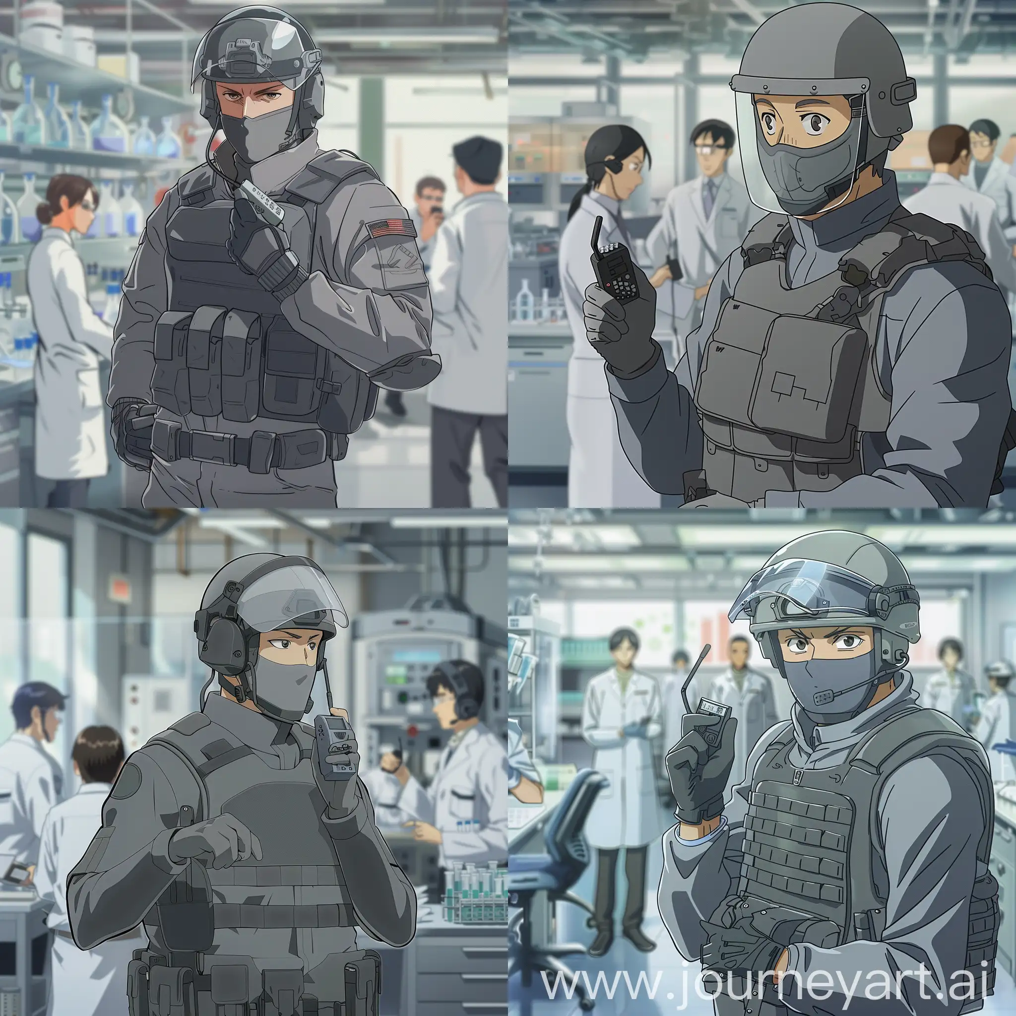 Security-Officer-in-Gray-Uniform-Reports-from-Research-Laboratory-with-Anime-Style
