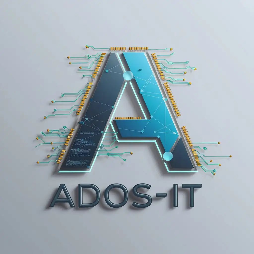 Логотип для ИТ компании ADOS-IT в виде стилизованной буквы "A" с интегрированными микросхемами, цифровыми кодами и сетевыми линиями. выполнен в современном стиле, с использованием ярких цветов и четких линий
